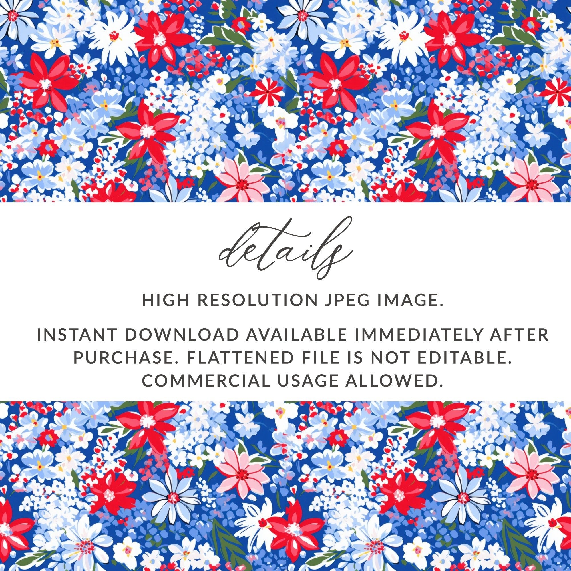 Red White Blue Floral Seamless Pattern, Digital Paper Pack, Flower Pattern Fabric Design, Scrapbooking Paper, Floral Digital File - Moore and Mountain