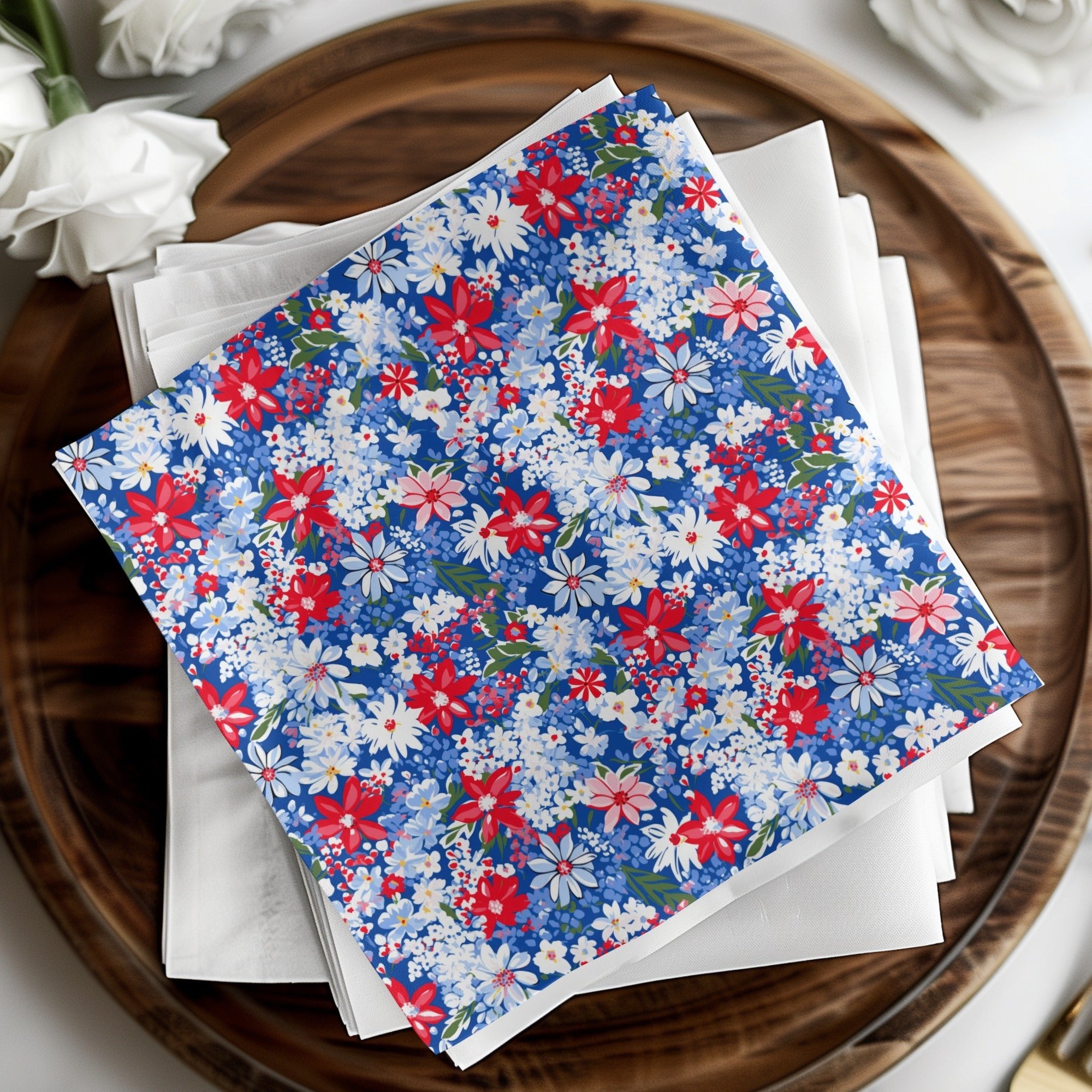 Red White Blue Floral Seamless Pattern, Digital Paper Pack, Flower Pattern Fabric Design, Scrapbooking Paper, Floral Digital File - Moore and Mountain