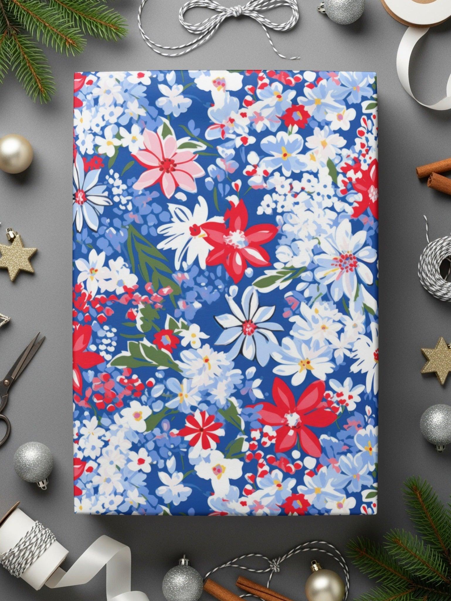 Red White Blue Floral Seamless Pattern, Digital Paper Pack, Flower Pattern Fabric Design, Scrapbooking Paper, Floral Digital File - Moore and Mountain