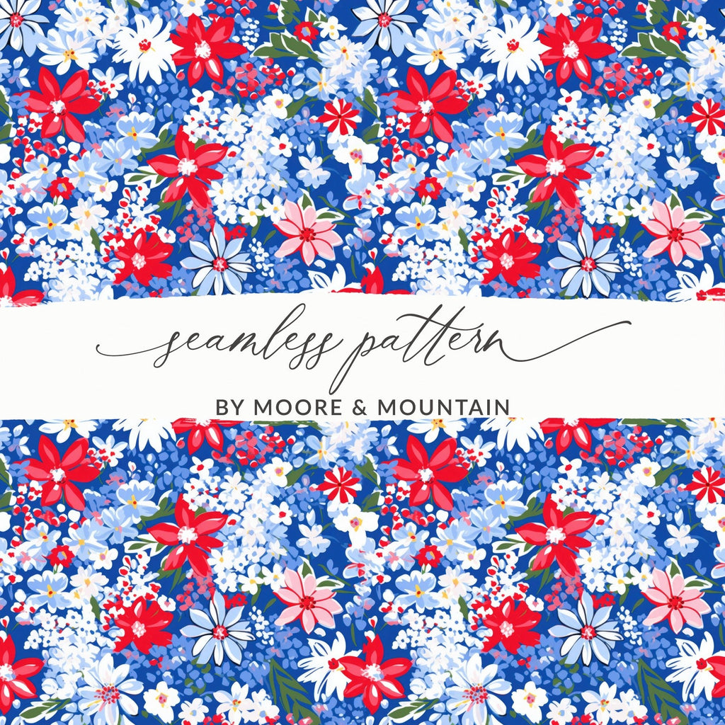 Red White Blue Floral Seamless Pattern, Digital Paper Pack, Flower Pattern Fabric Design, Scrapbooking Paper, Floral Digital File - Moore and Mountain