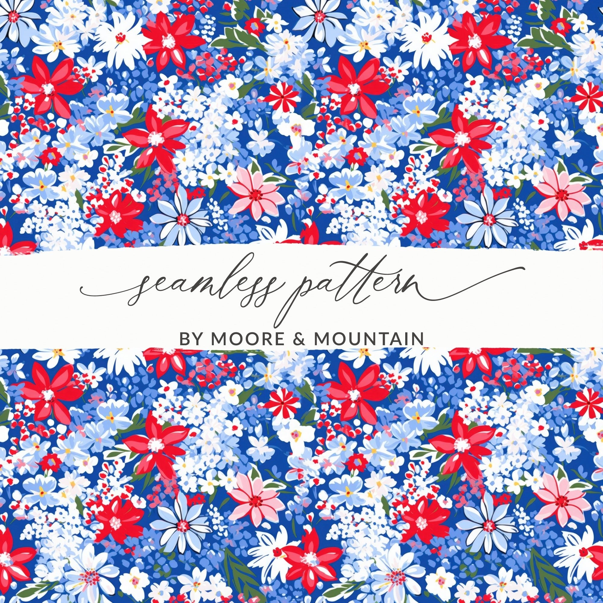Red White Blue Floral Seamless Pattern, Digital Paper Pack, Flower Pattern Fabric Design, Scrapbooking Paper, Floral Digital File - Moore and Mountain