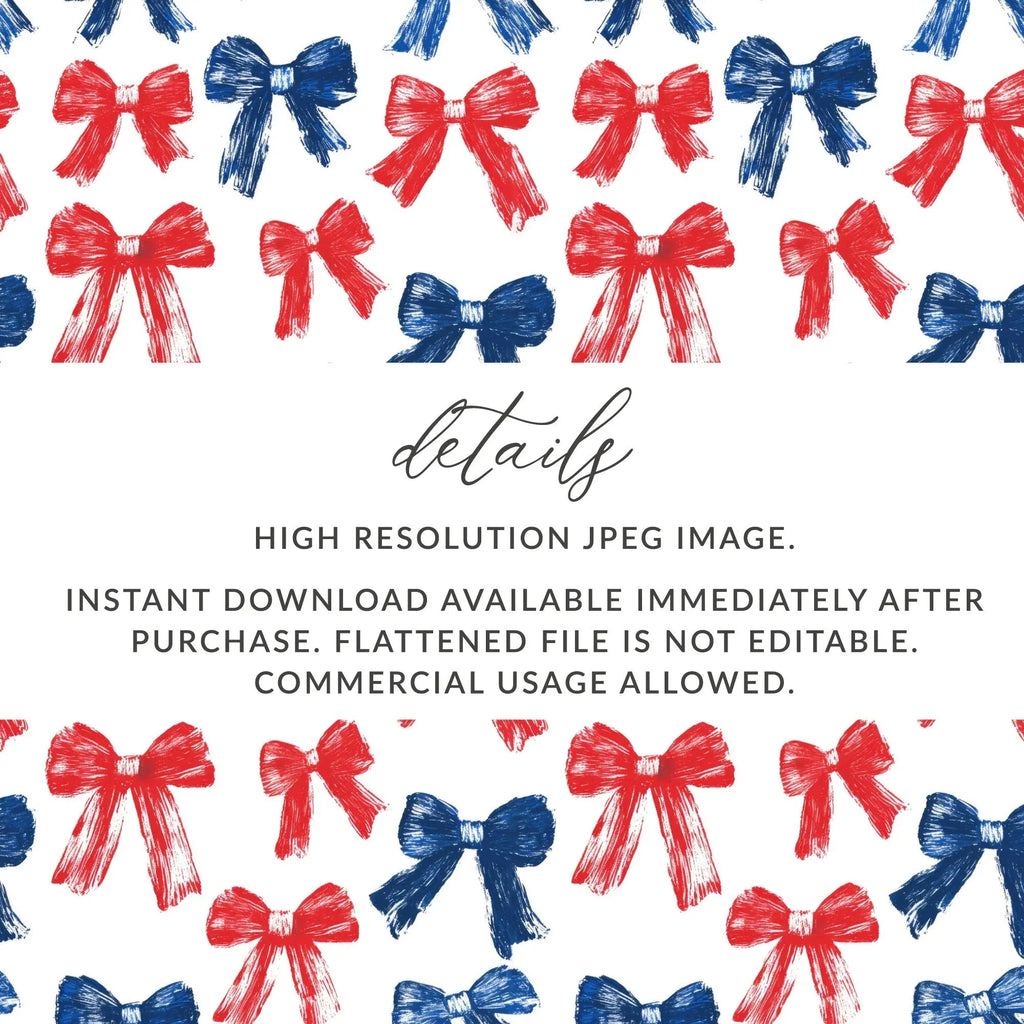 Red and Blue Bows Digital Paper, Patriotic Seamless Pattern, Brush Stroke Bows, Fabric Design, Scrapbooking Digital Download - Moore and Mountain
