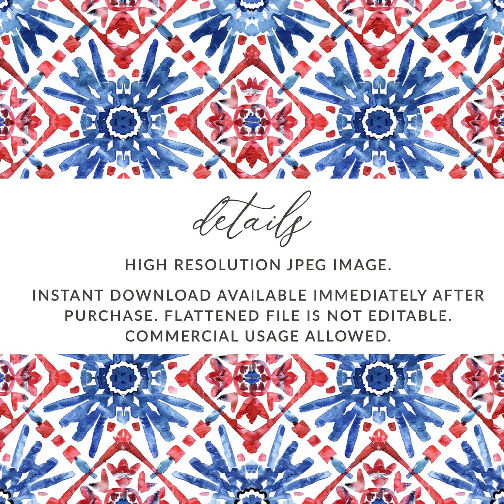 Red and Blue Floral Seamless Digital Pattern, Watercolor Tile Design, Fabric Print, Scrapbook Paper, Digital Download, Commercial Use - Moore and Mountain
