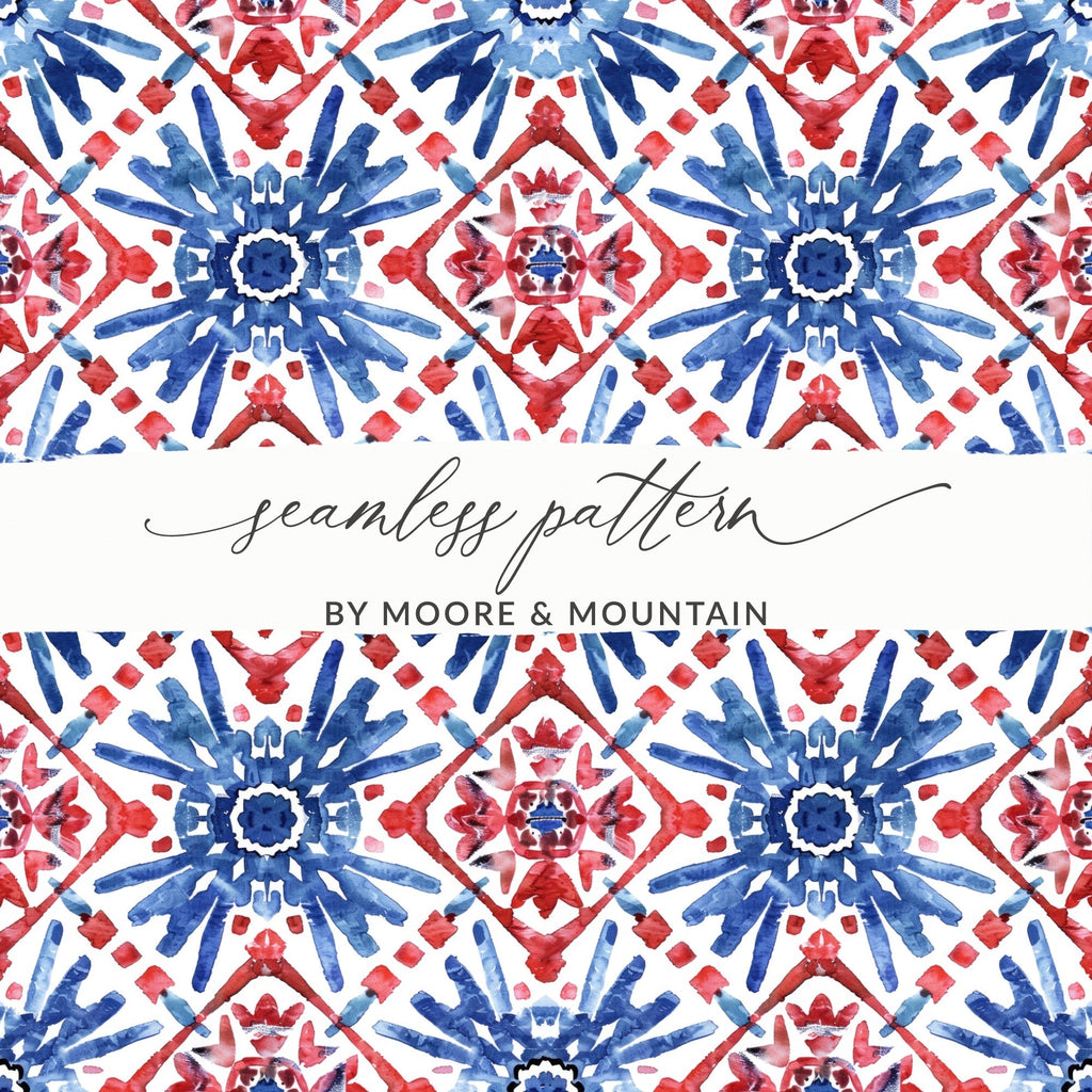 Red and Blue Floral Seamless Digital Pattern, Watercolor Tile Design, Fabric Print, Scrapbook Paper, Digital Download, Commercial Use - Moore and Mountain