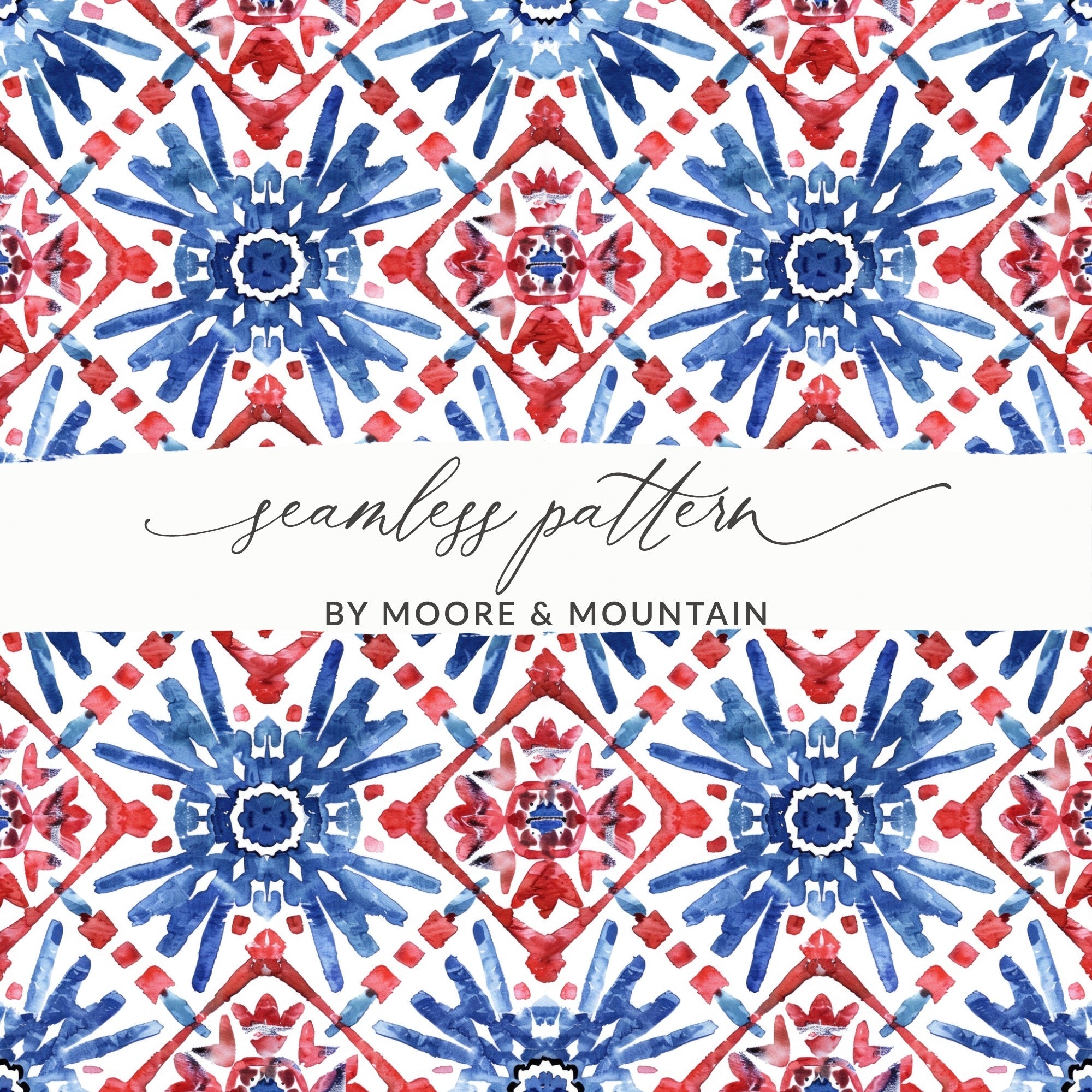 Red and Blue Floral Seamless Digital Pattern, Watercolor Tile Design, Fabric Print, Scrapbook Paper, Digital Download, Commercial Use - Moore and Mountain