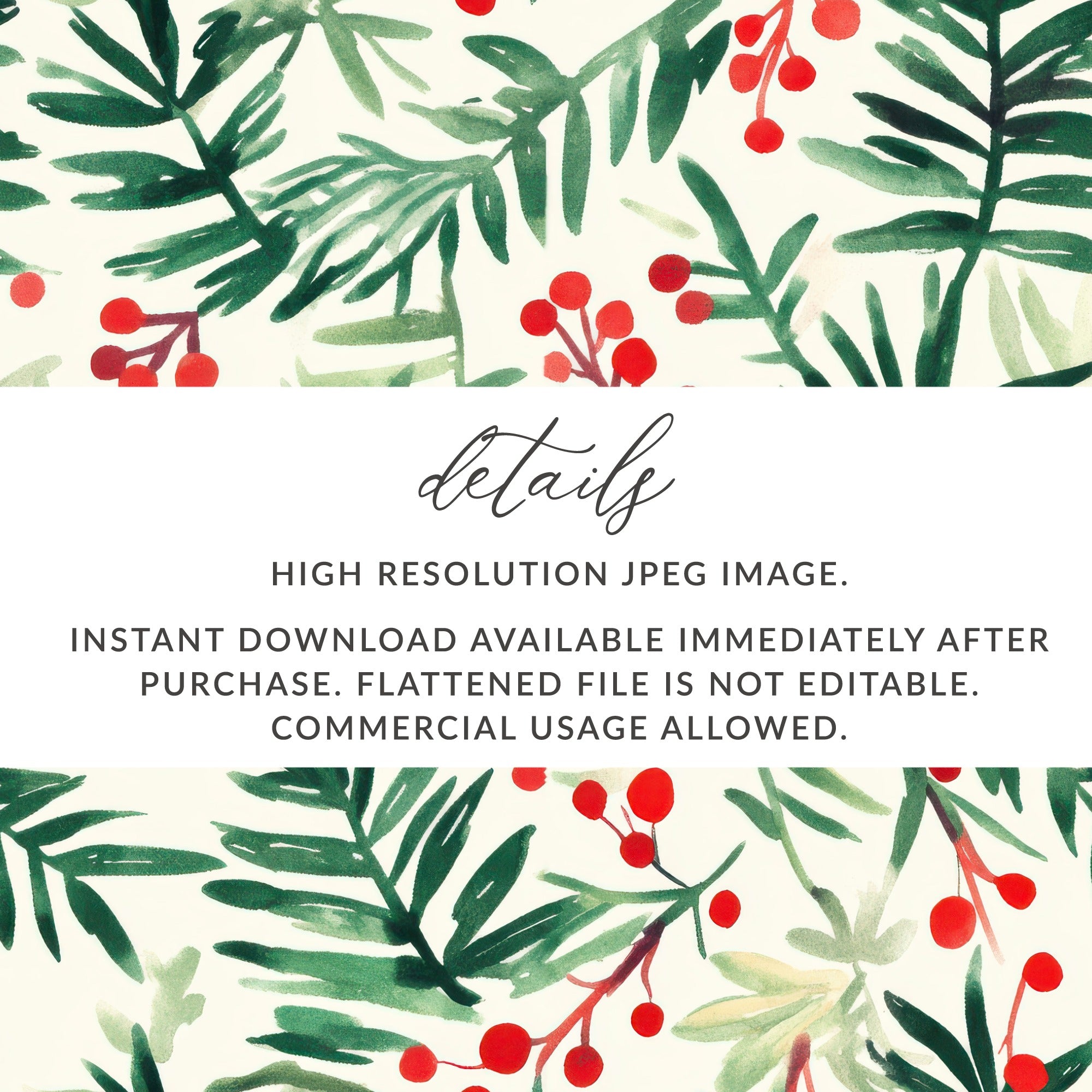 Red and Green Christmas Pine Branches and Berries Watercolor Seamless Pattern Digital - Moore and Mountain
