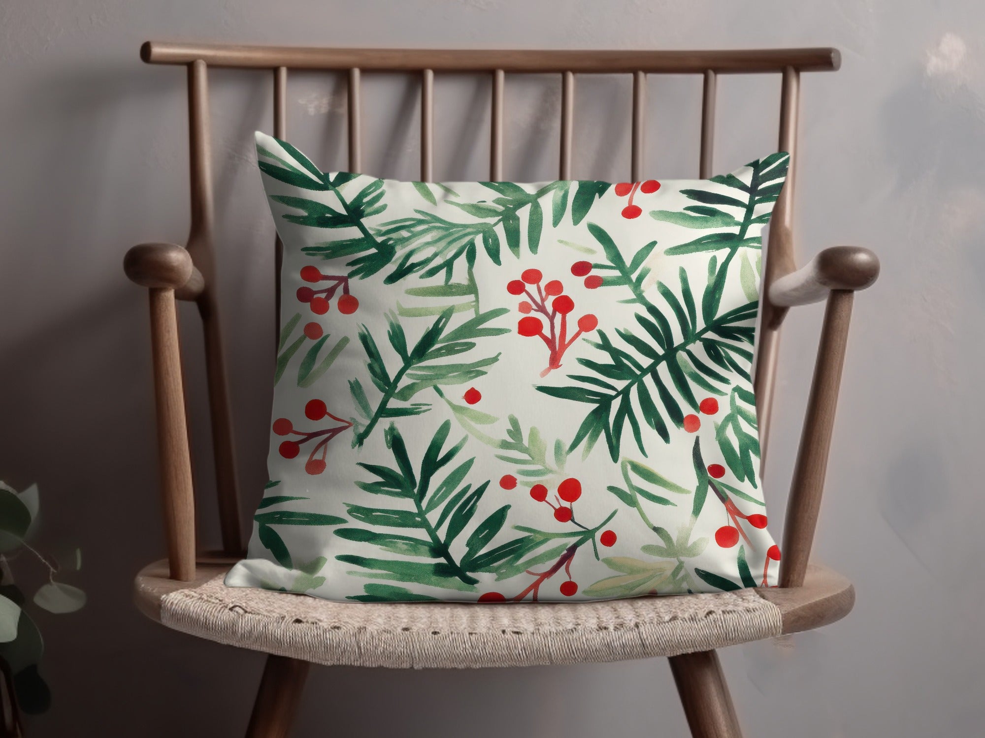 Red and Green Christmas Pine Branches and Berries Watercolor Seamless Pattern Digital - Moore and Mountain
