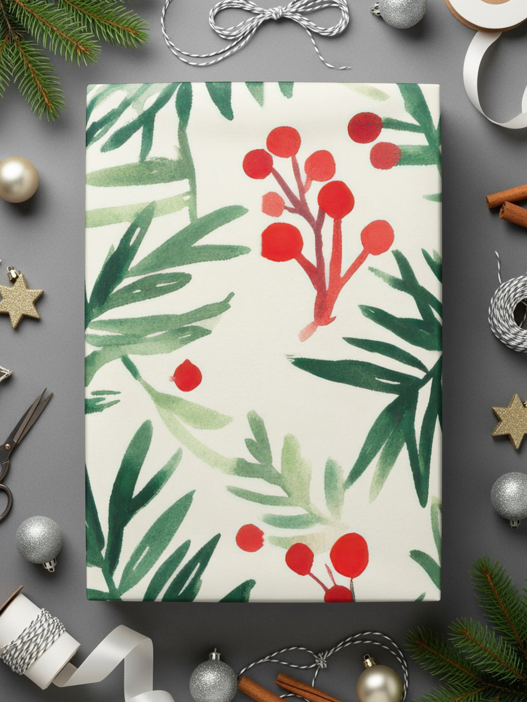 Red and Green Christmas Pine Branches and Berries Watercolor Seamless Pattern Digital - Moore and Mountain