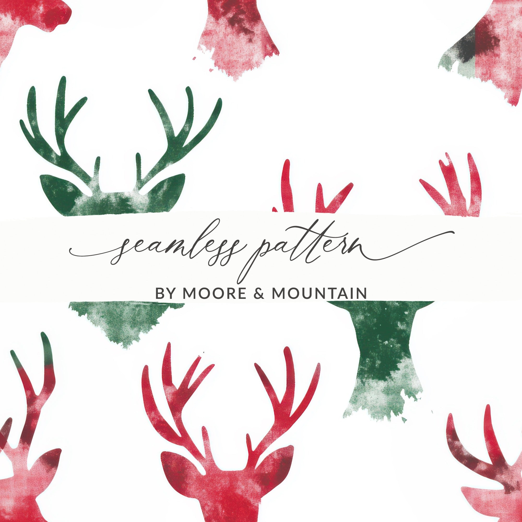 Red and Green Deer Heads Seamless Pattern Christmas Watercolor - Moore and Mountain