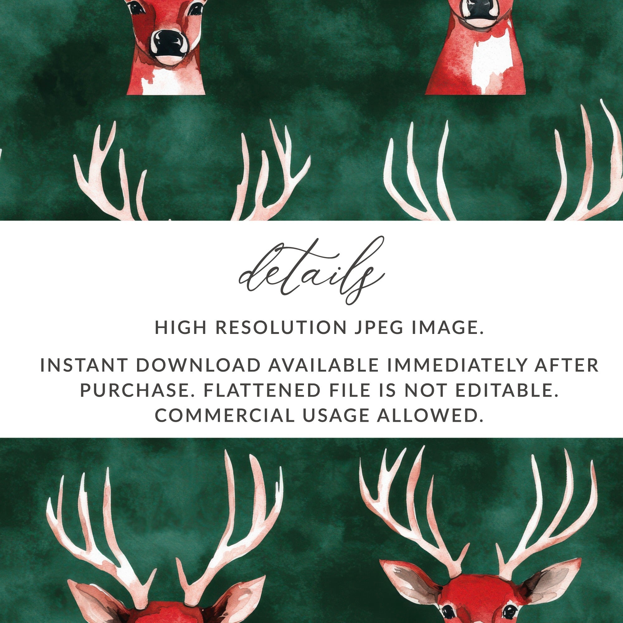 Red and Green Seamless Christmas Reindeer Watercolor Seamless Pattern - Moore and Mountain