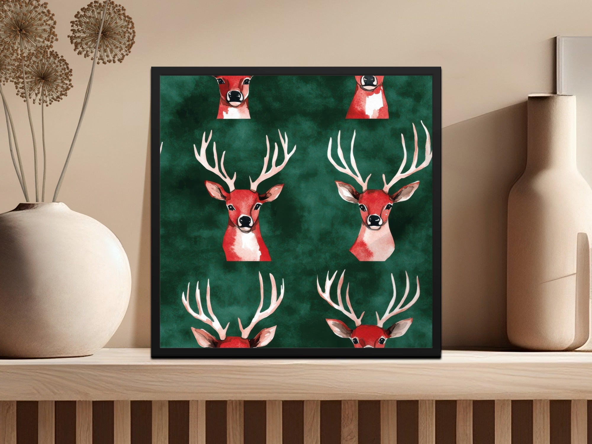 Red and Green Seamless Christmas Reindeer Watercolor Seamless Pattern - Moore and Mountain