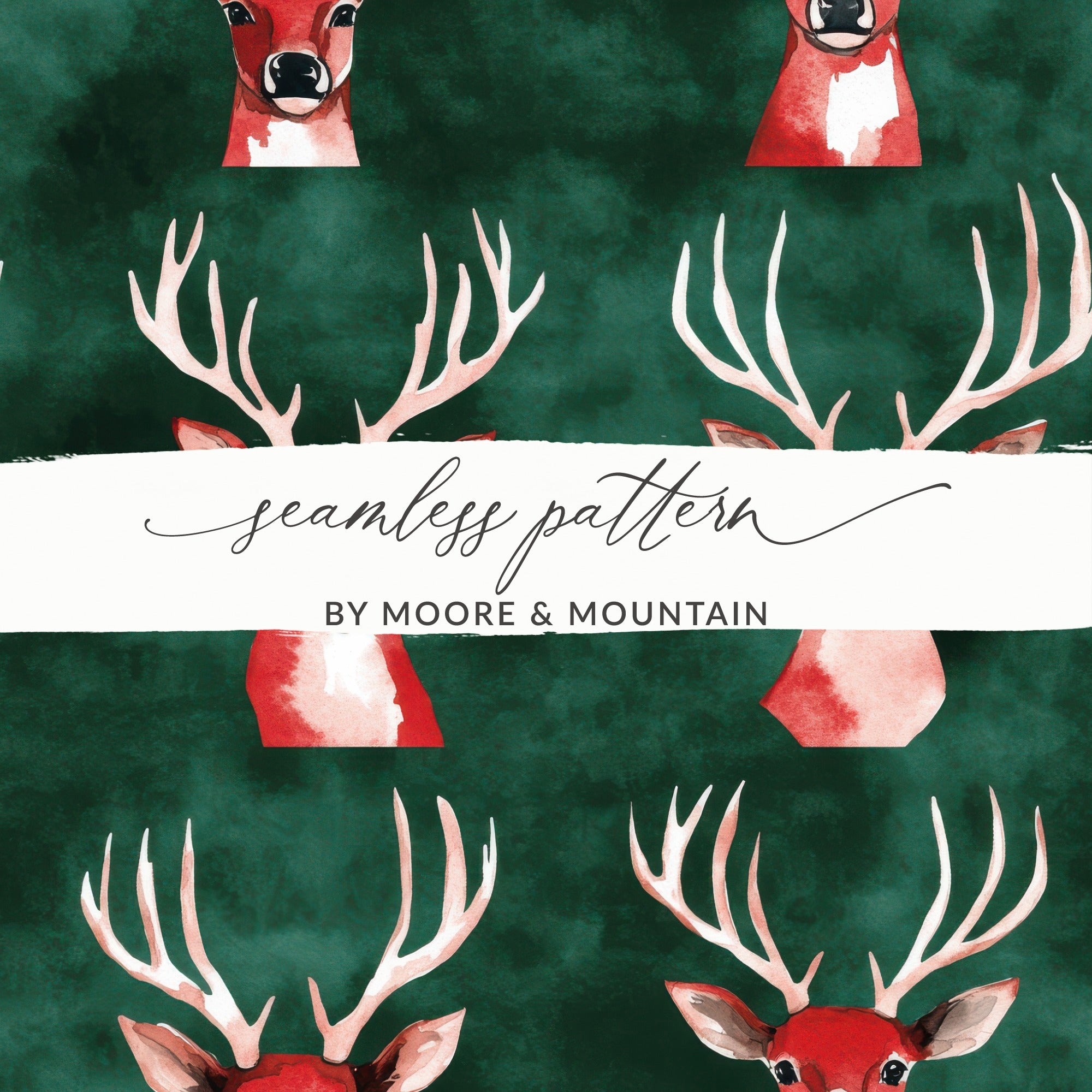 Red and Green Seamless Christmas Reindeer Watercolor Seamless Pattern - Moore and Mountain