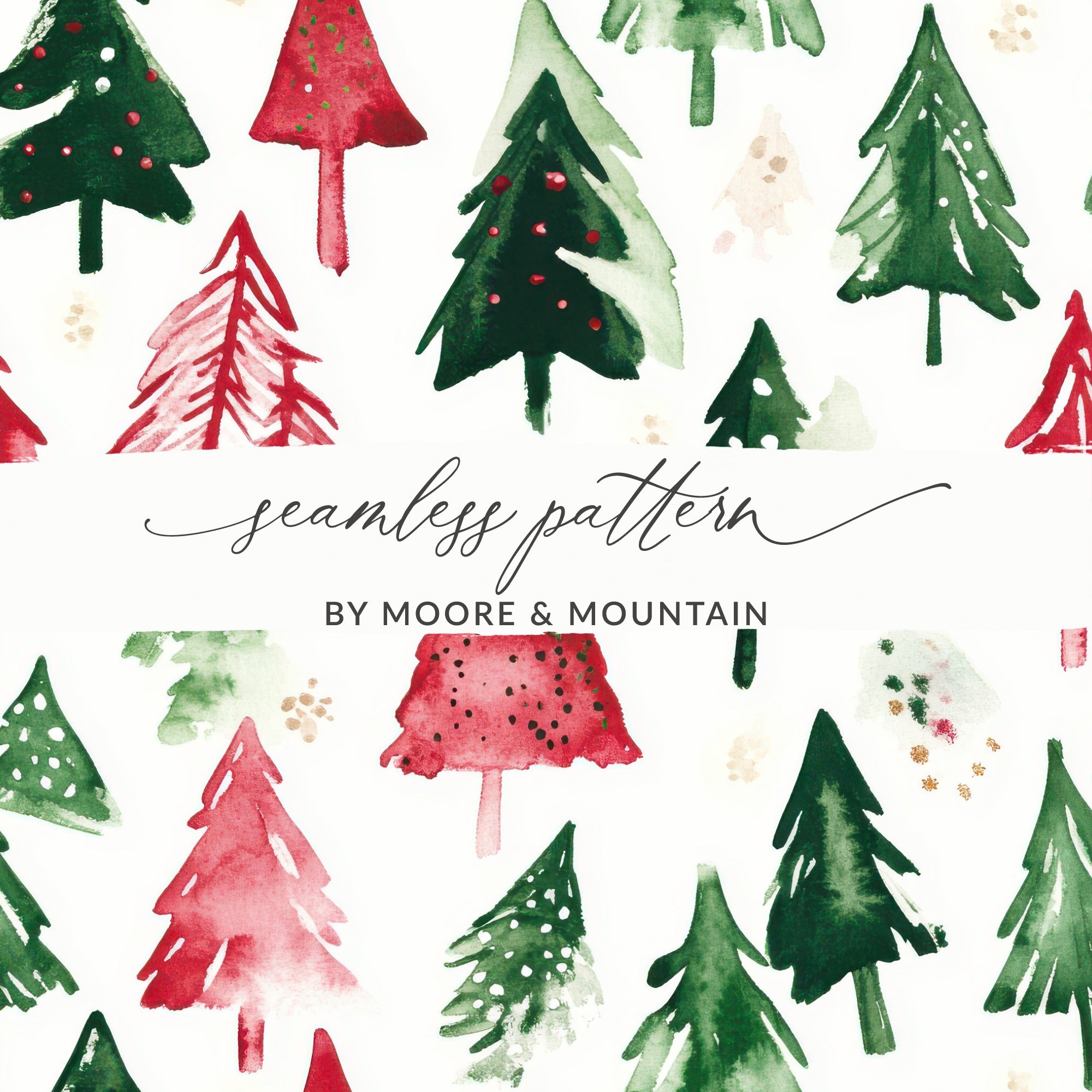 Red and Green Seamless Pattern Christmas Watercolor Trees - Moore and Mountain