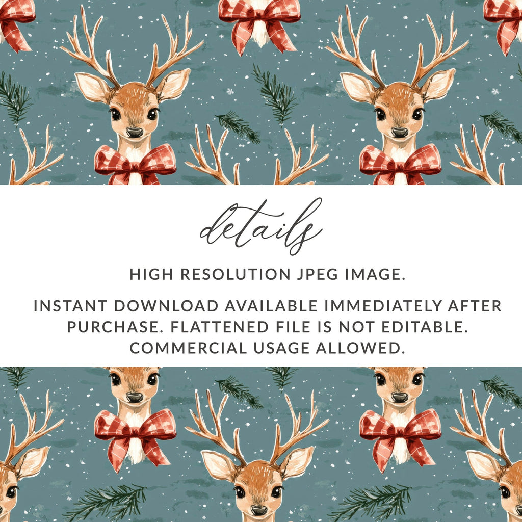 Reindeer Digital Seamless Pattern, Christmas Digital Paper, Deer with Bow, Holiday Fabric Design, Watercolor Christmas Pattern Digital - Moore and Mountain