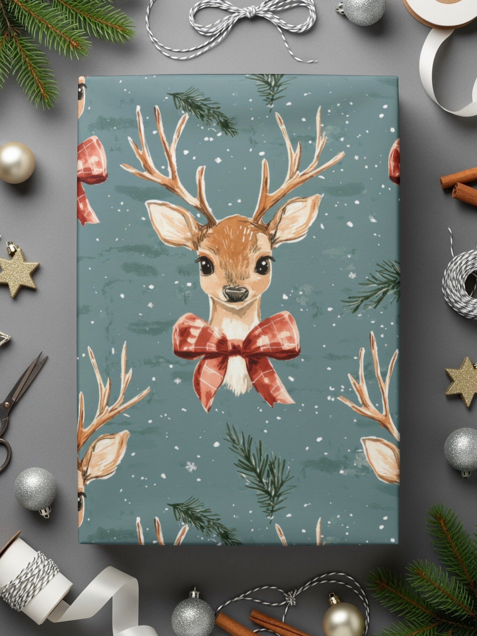 Reindeer Digital Seamless Pattern, Christmas Digital Paper, Deer with Bow, Holiday Fabric Design, Watercolor Christmas Pattern Digital - Moore and Mountain