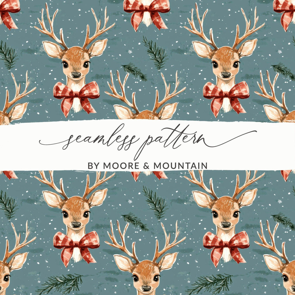 Reindeer Digital Seamless Pattern, Christmas Digital Paper, Deer with Bow, Holiday Fabric Design, Watercolor Christmas Pattern Digital - Moore and Mountain