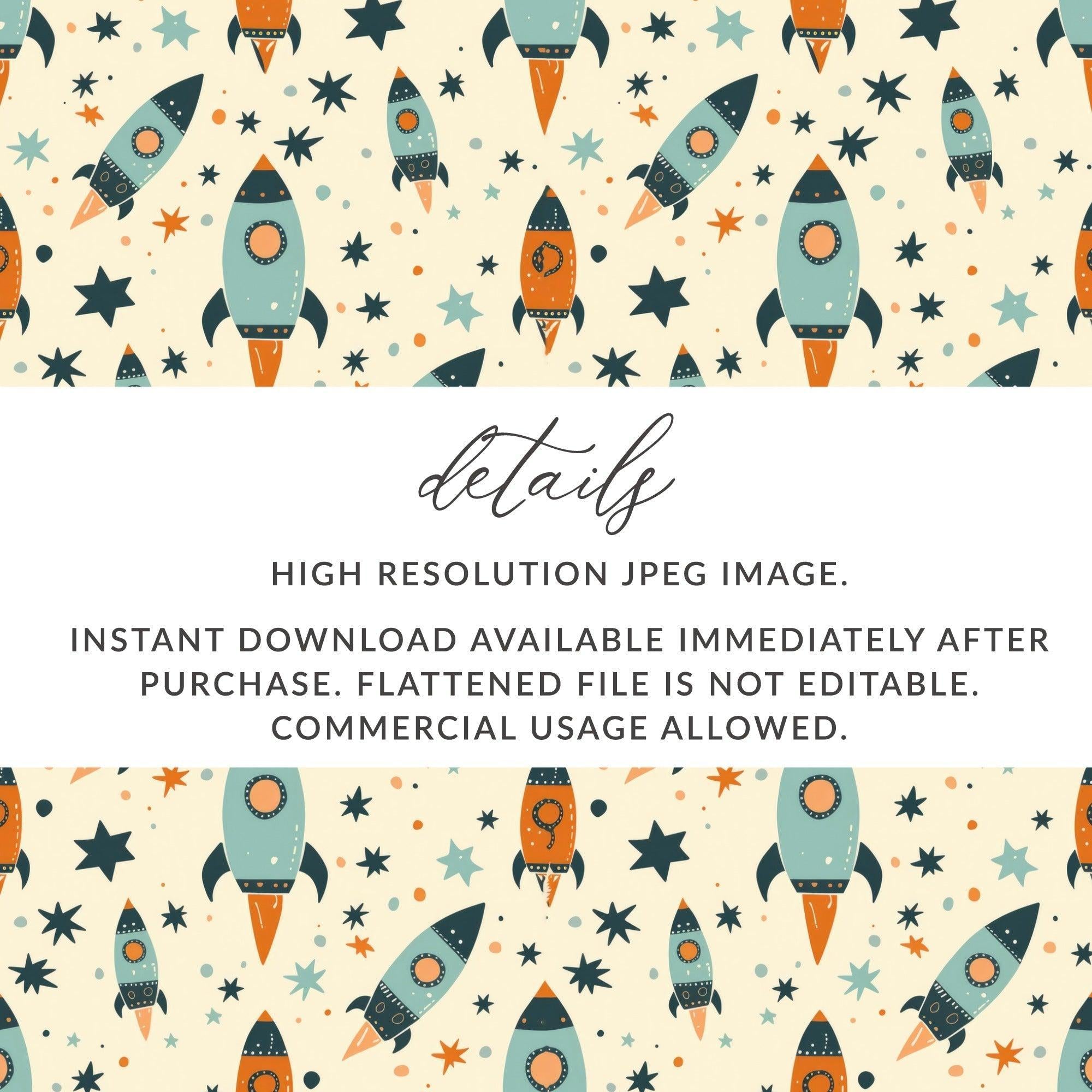 Rocket Star Seamless Pattern, Space Digital Paper, Nursery Printable Art, Cute Kids Fabric Design, Scrapbooking Download - Moore and Mountain