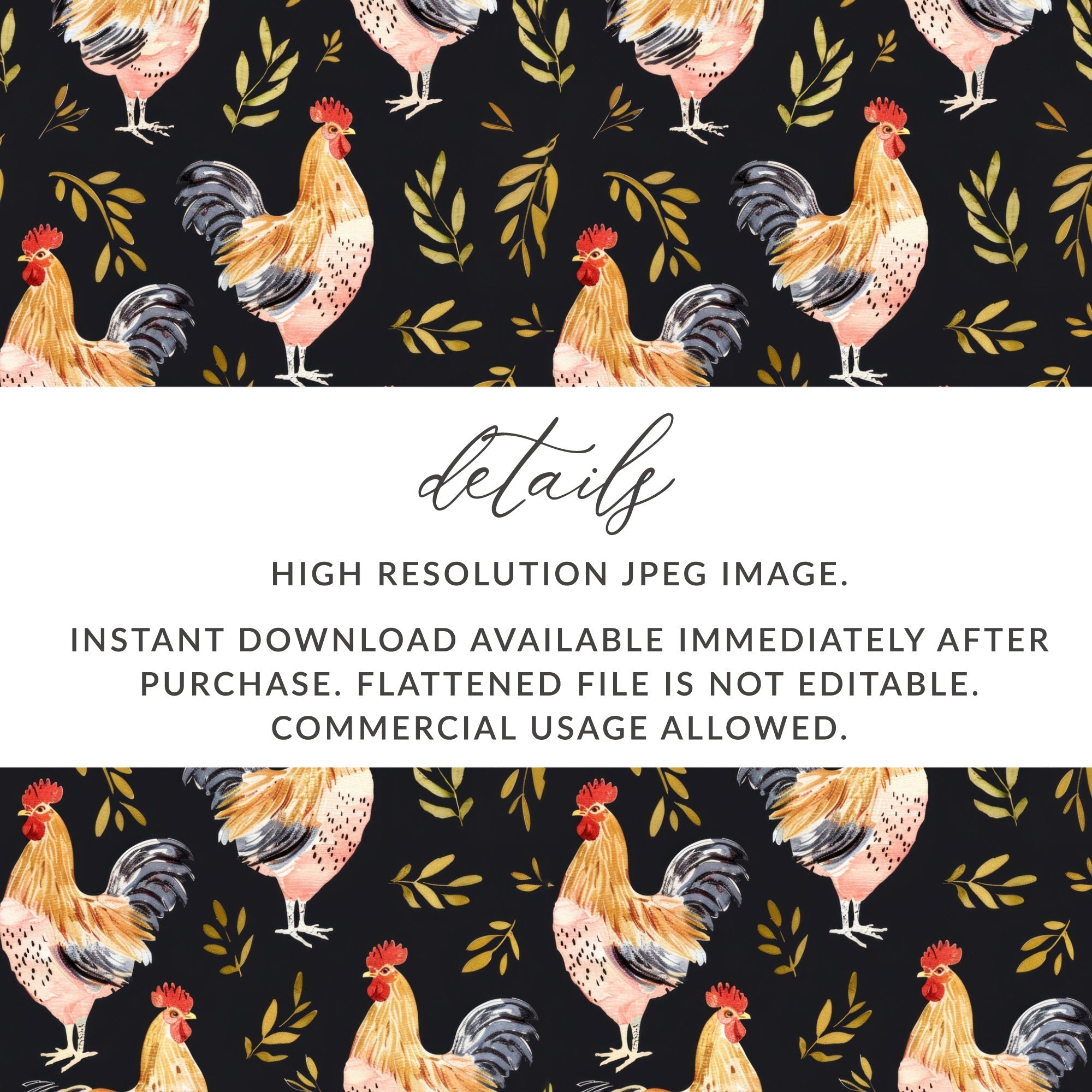 Rooster Golden Leaves Seamless Pattern on Black Digital, Seamless Rooster Pattern - Moore and Mountain