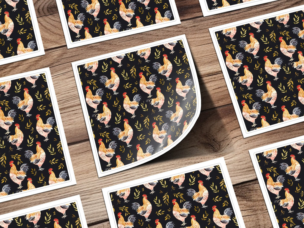 Rooster Golden Leaves Seamless Pattern on Black Digital, Seamless Rooster Pattern - Moore and Mountain