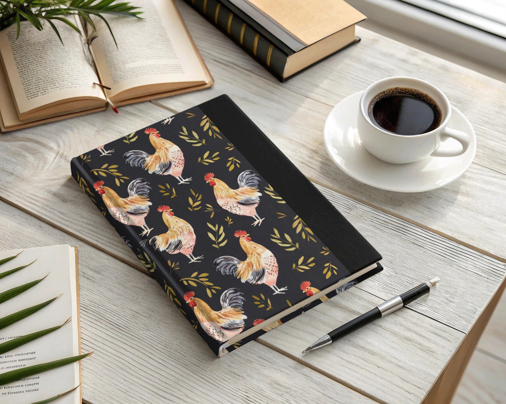 Rooster Golden Leaves Seamless Pattern on Black Digital, Seamless Rooster Pattern - Moore and Mountain