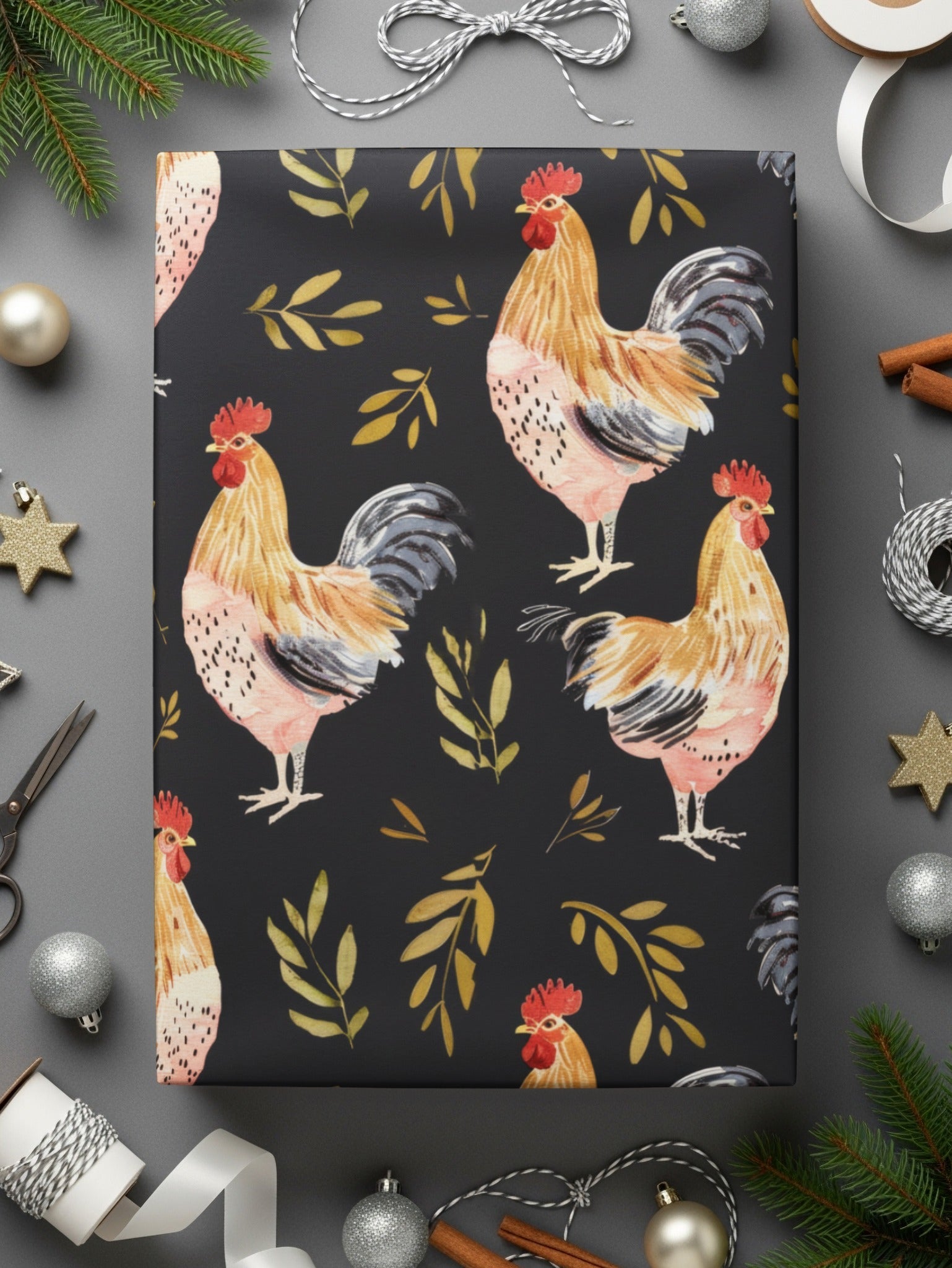 Rooster Golden Leaves Seamless Pattern on Black Digital, Seamless Rooster Pattern - Moore and Mountain