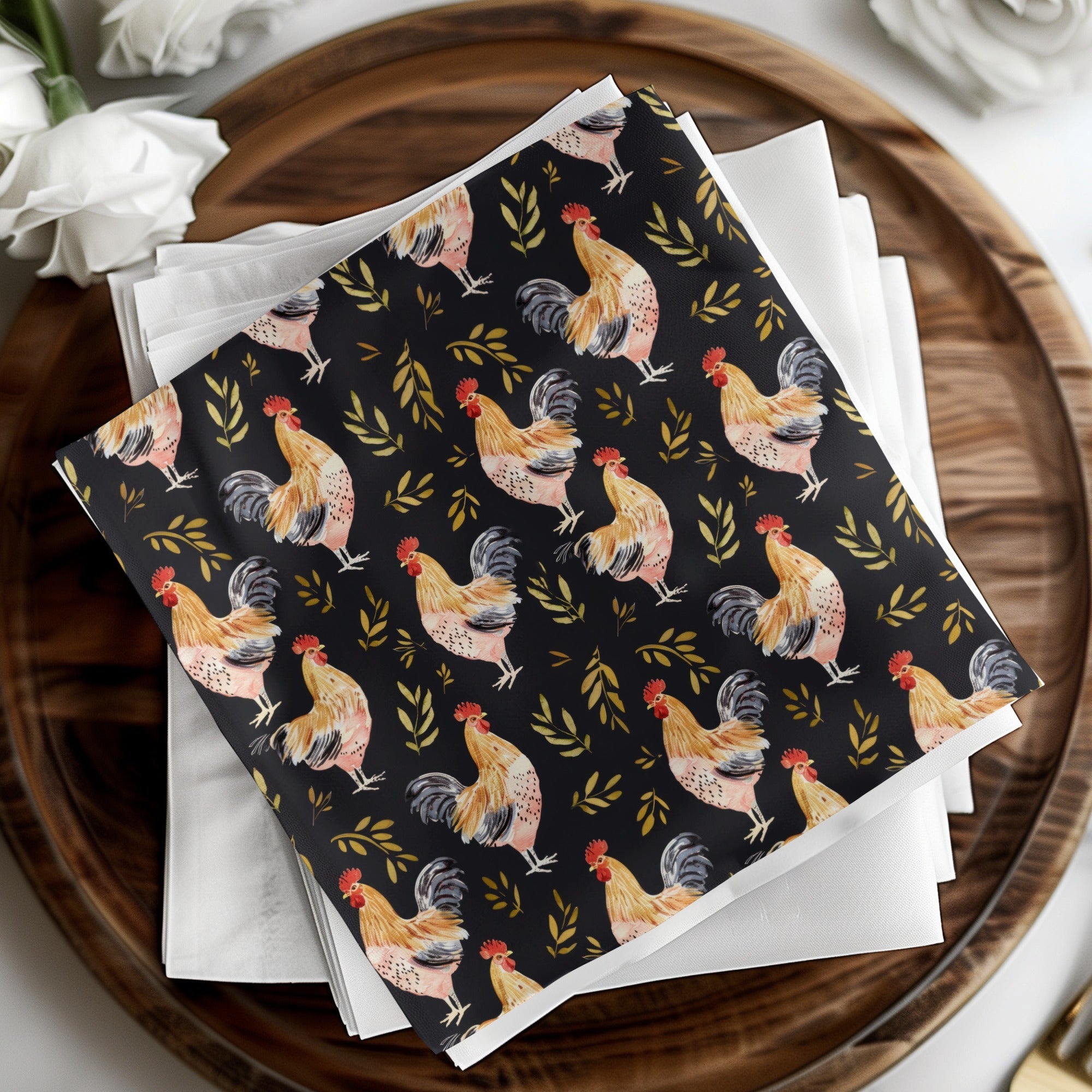 Rooster Golden Leaves Seamless Pattern on Black Digital, Seamless Rooster Pattern - Moore and Mountain