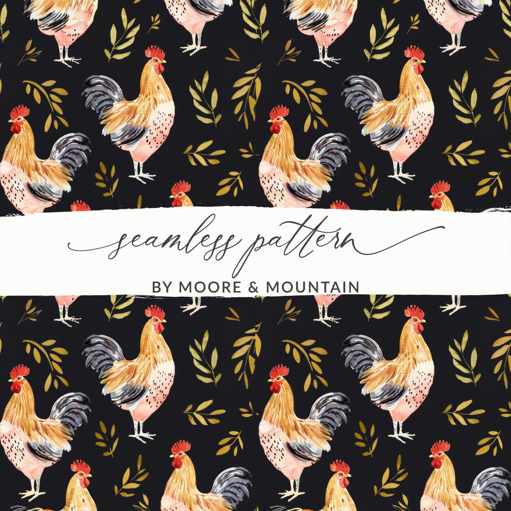 Rooster Golden Leaves Seamless Pattern on Black Digital, Seamless Rooster Pattern - Moore and Mountain