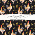 Rooster Golden Leaves Seamless Pattern on Black Digital, Seamless Rooster Pattern - Moore and Mountain