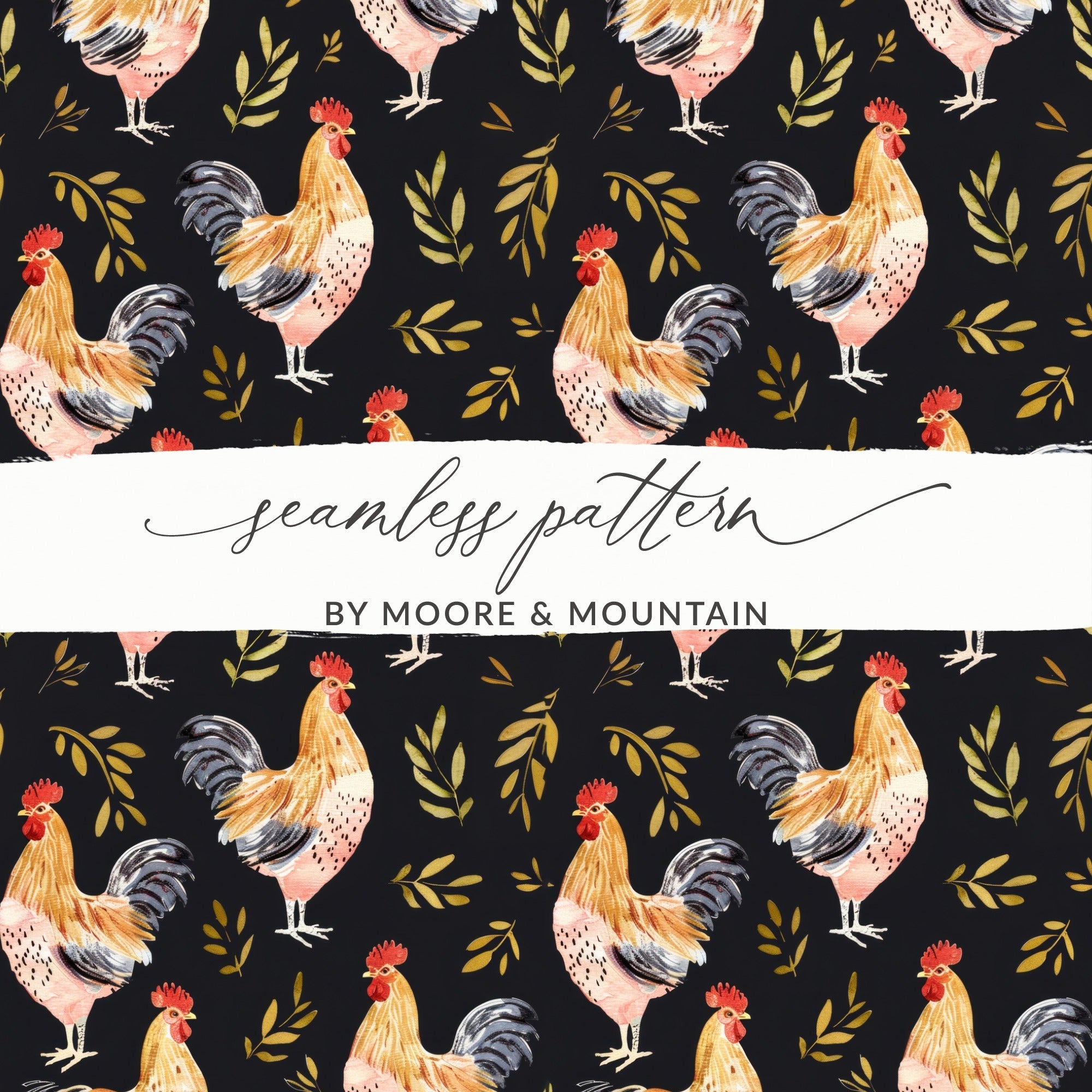 Rooster Golden Leaves Seamless Pattern on Black Digital, Seamless Rooster Pattern - Moore and Mountain