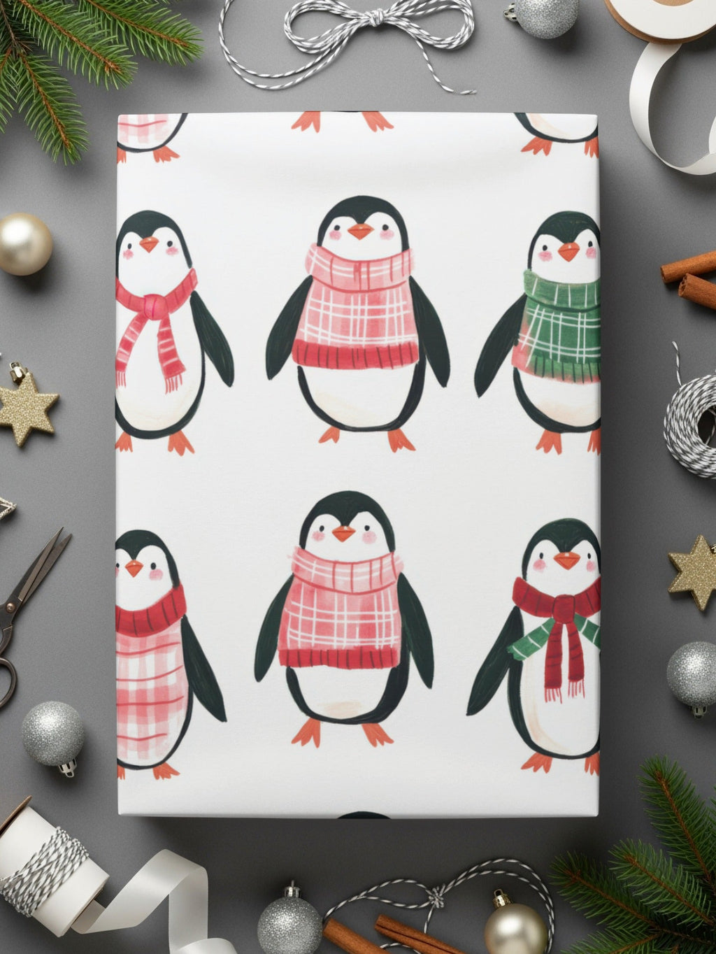 Row Penguins In Scarves Pattern Fun Animal Theme Digital - Moore and Mountain