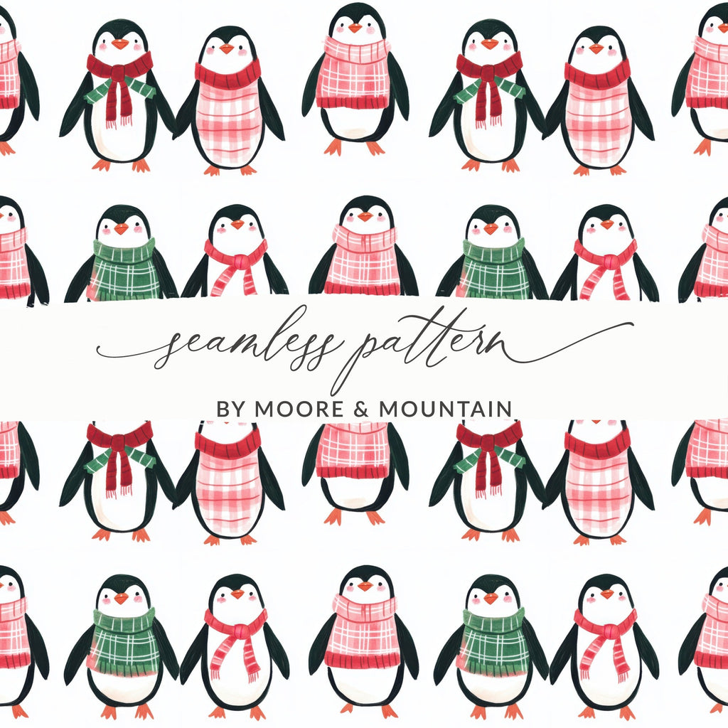 Row Penguins In Scarves Pattern Fun Animal Theme Digital - Moore and Mountain