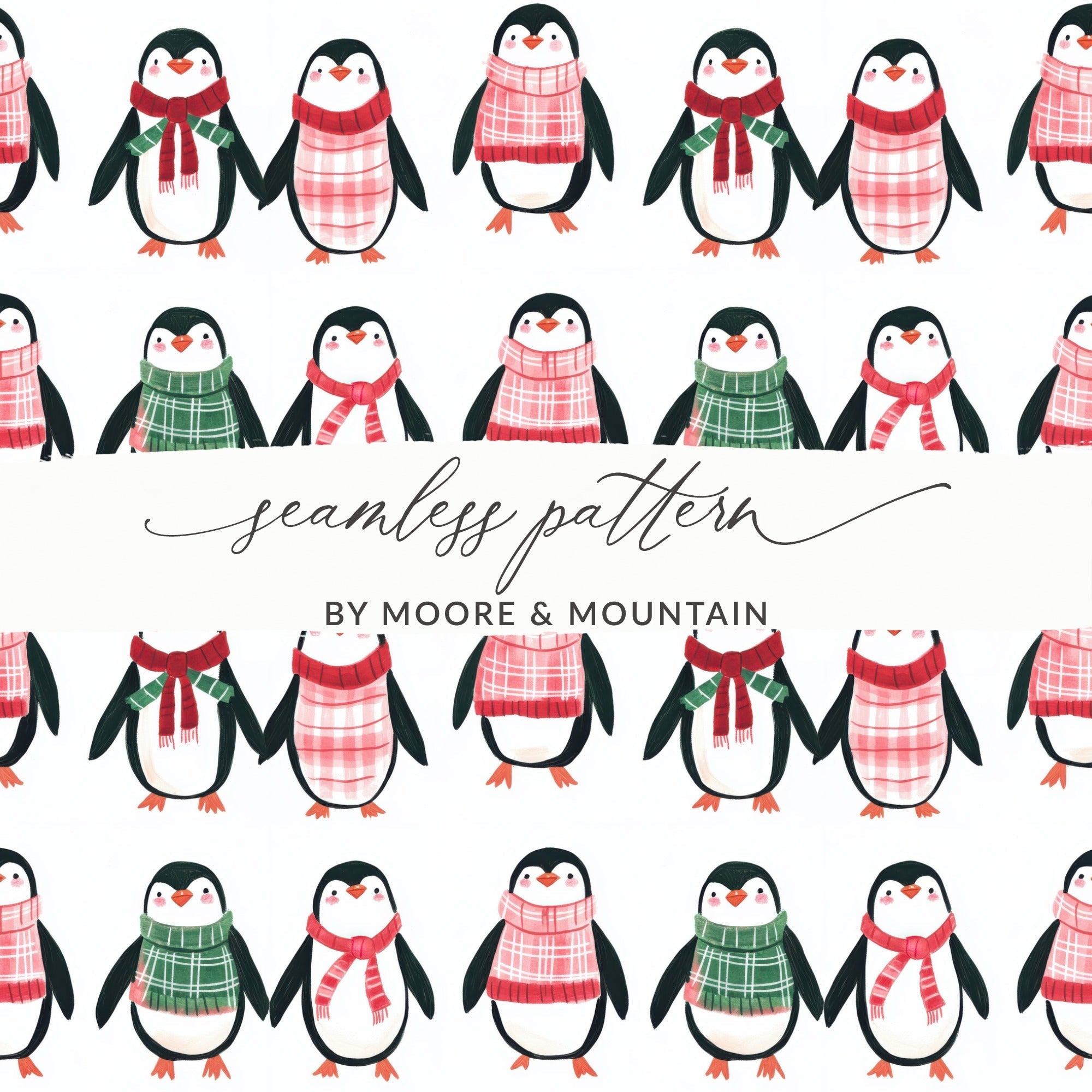 Row Penguins In Scarves Pattern Fun Animal Theme Digital - Moore and Mountain