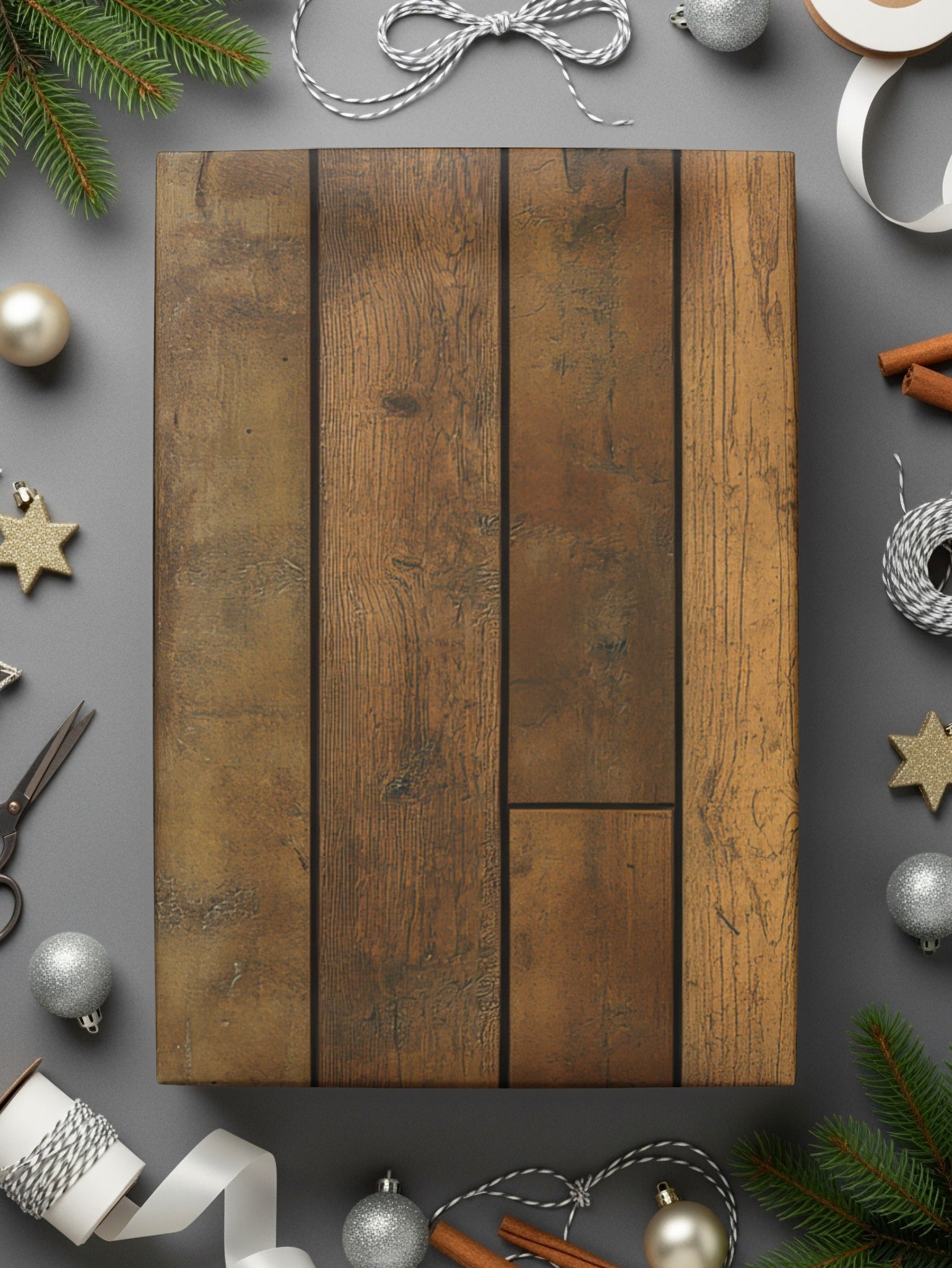 Rustic Wooden Holiday Gift Wrapping Box for Christmas
