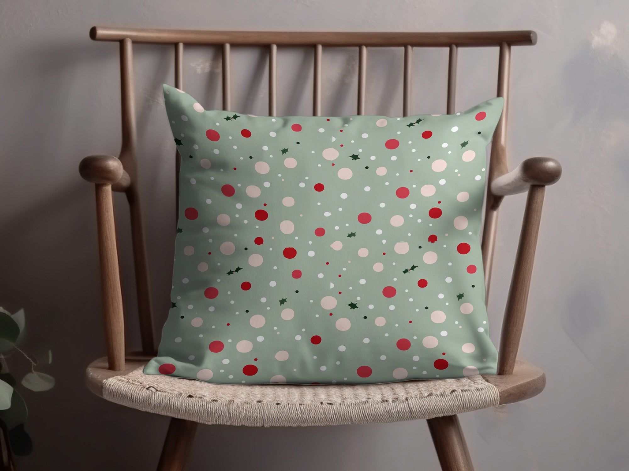 Festive Red White Dot and Holly Design Pillow