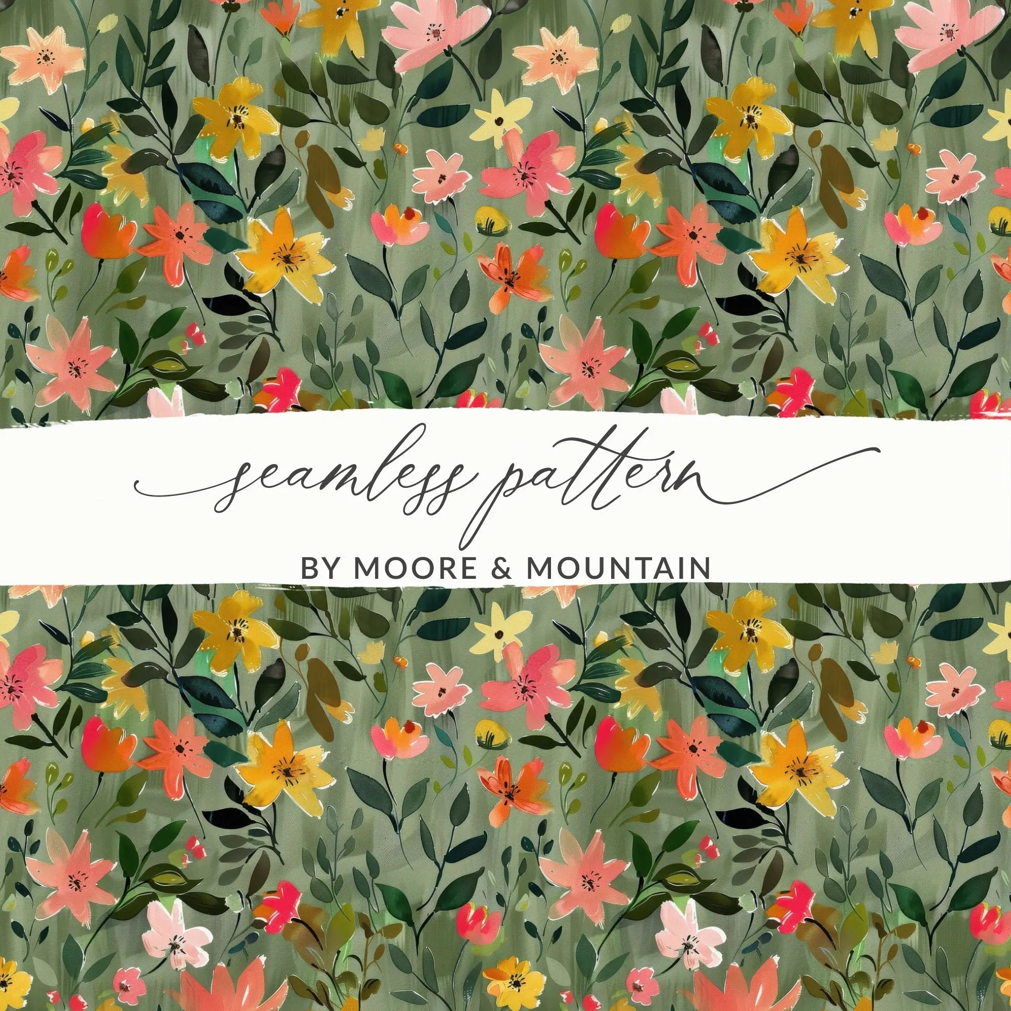 Sage Green Floral Digital Pattern, Seamless Flower Design, Green Background, Modern Gouache Floral Abstract Design - Moore and Mountain