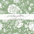 Sage Green Floral Pattern, Digital Paper, Seamless Flower Design, Fabric Print, Peony Digital Download, Botanical Pattern, Scrapbook Paper - Moore and Mountain