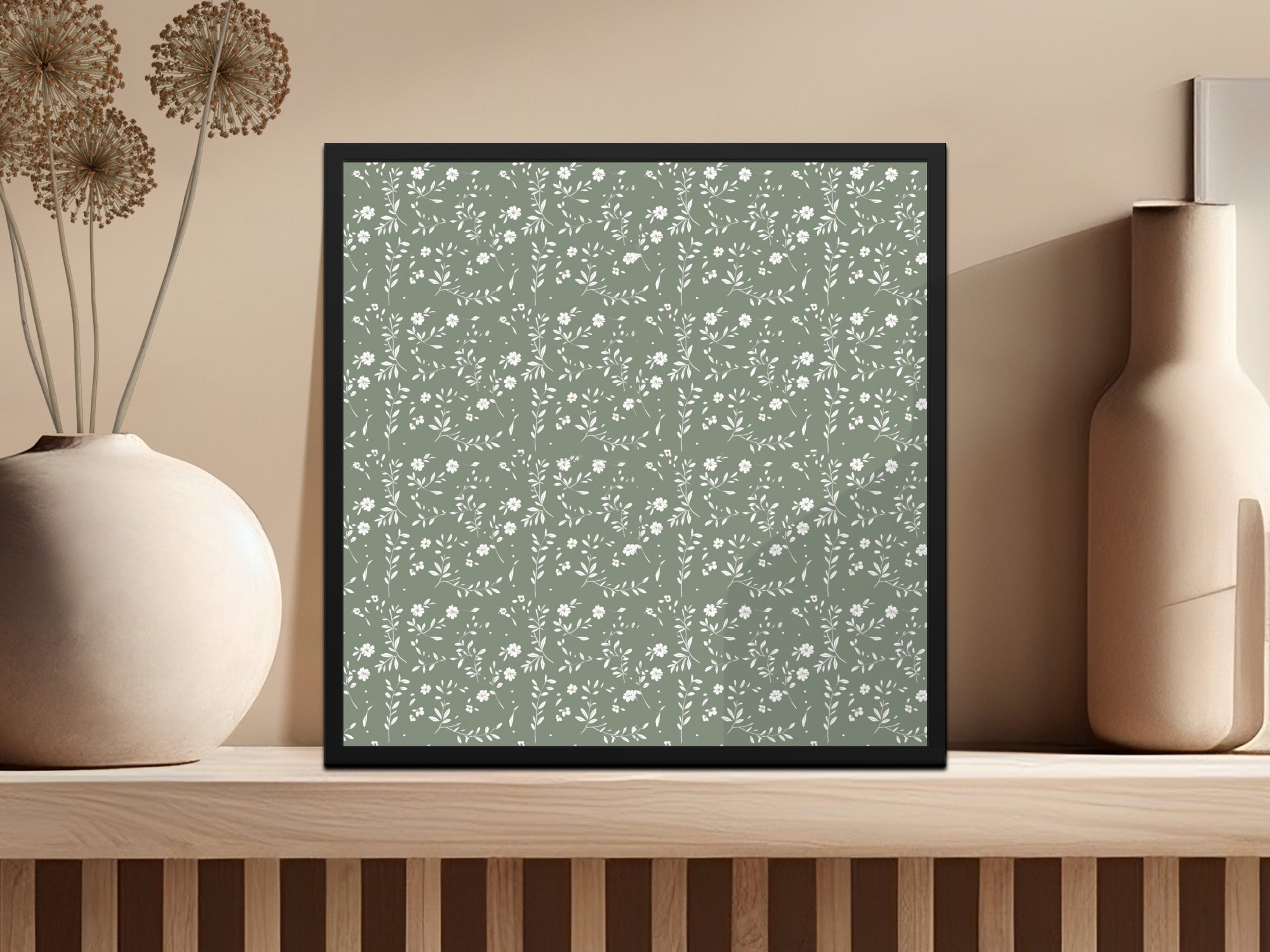 Elegant Green Floral Pattern Framed Wall Art for Home Decor
