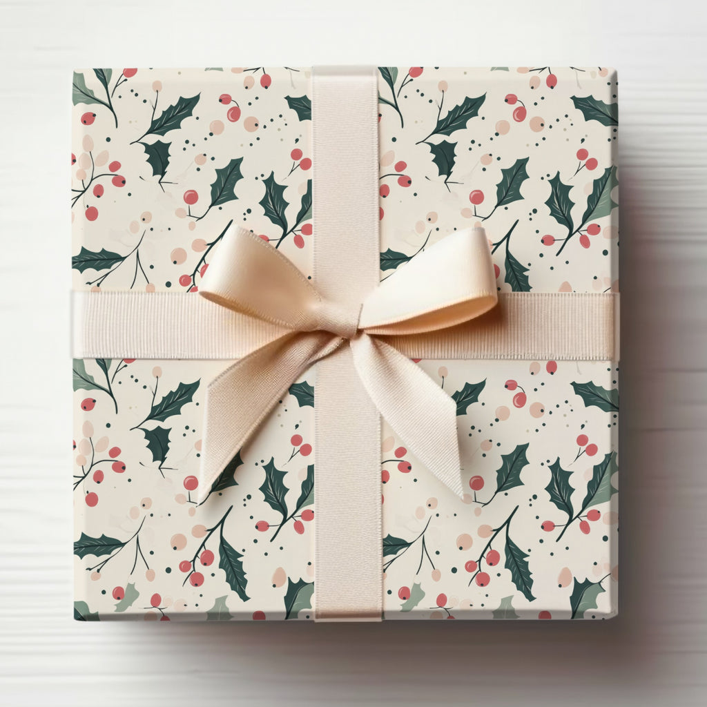 Elegant Holiday Gift Wrapped in Festive Holly Berry Paper