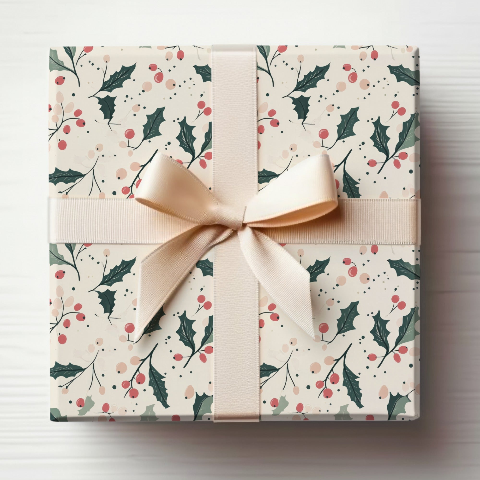 Elegant Holiday Gift Wrapped in Festive Holly Berry Paper