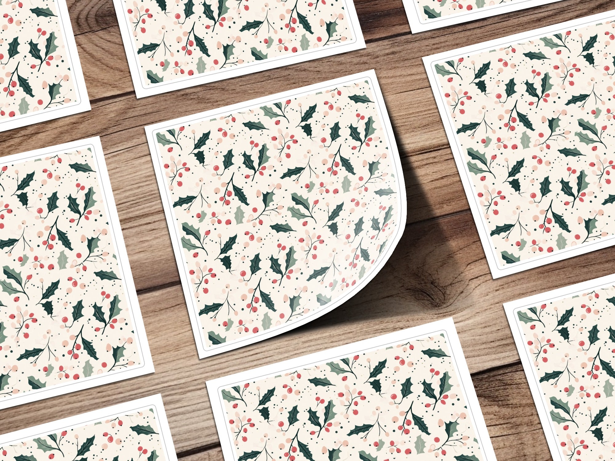 Festive Holly and Berry Pattern Greeting Card Set