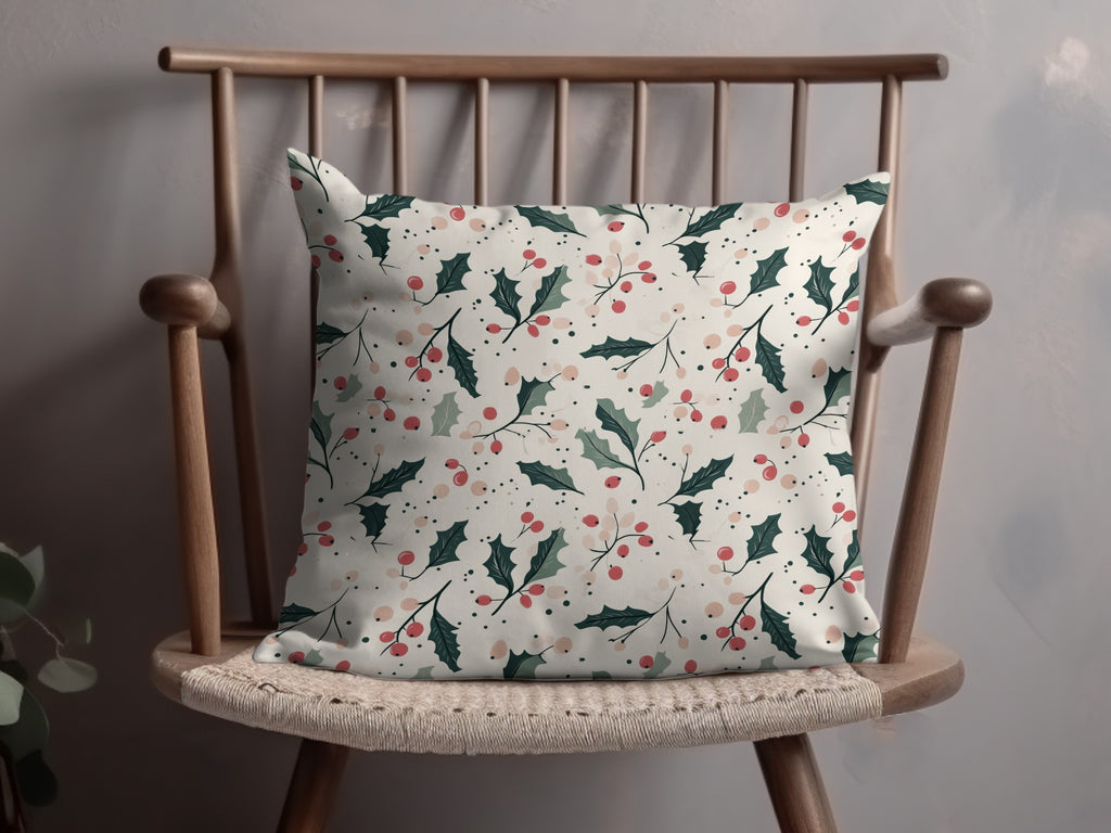 Festive Holly and Berry Pattern Cushion Cover