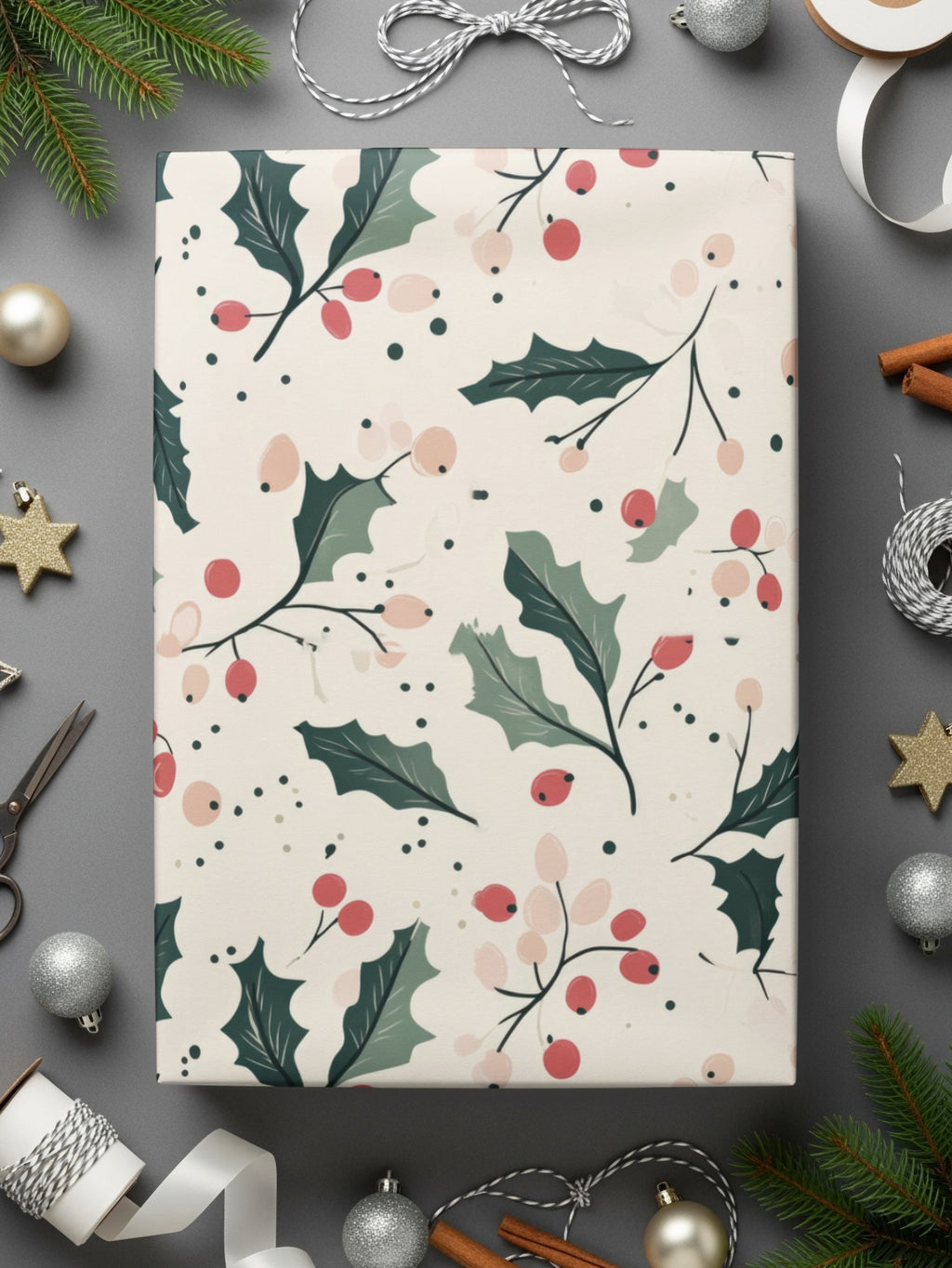 Festive Holly and Berries Design for Christmas Wrapping