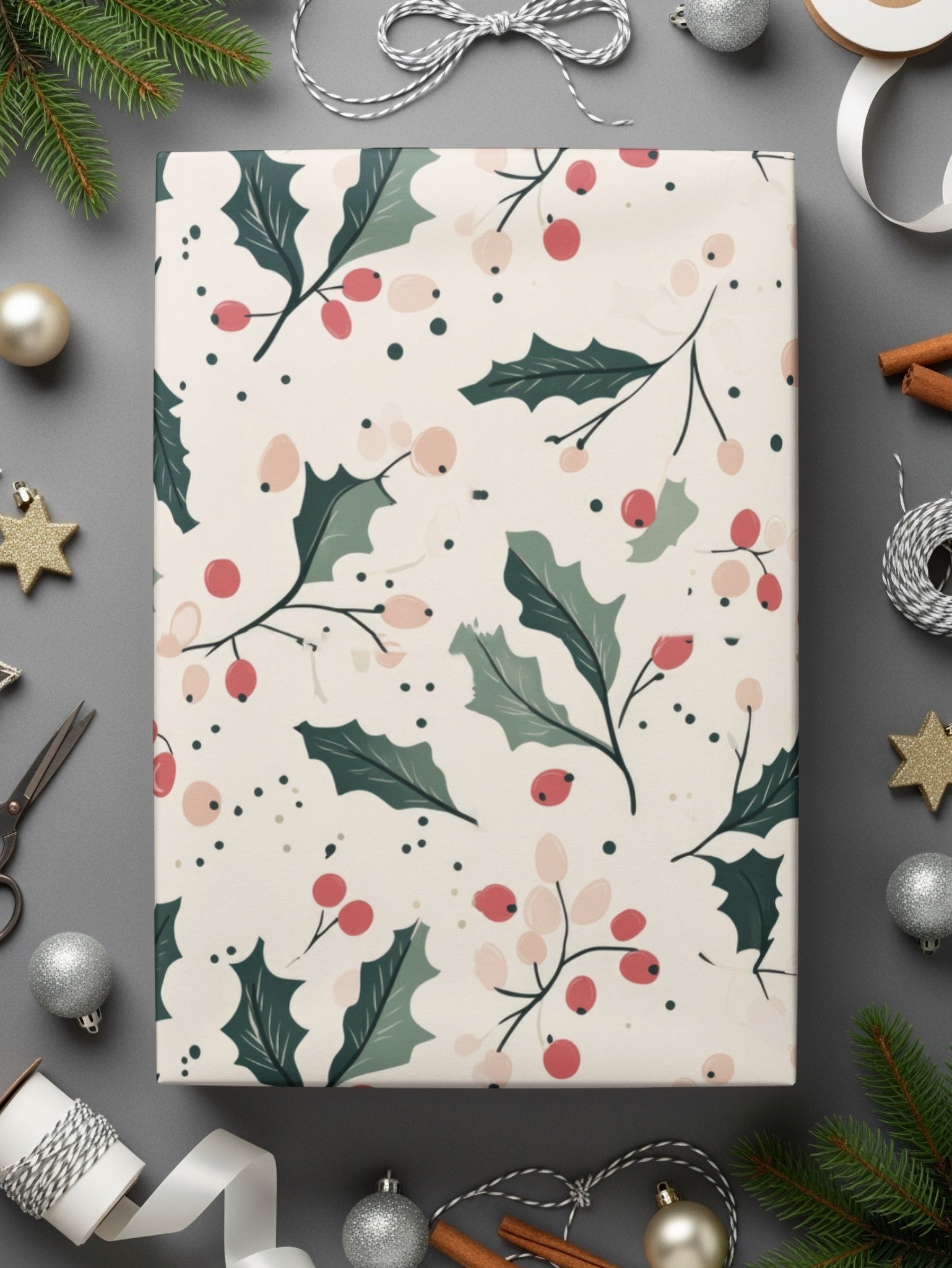 Festive Holly and Berries Design for Christmas Wrapping
