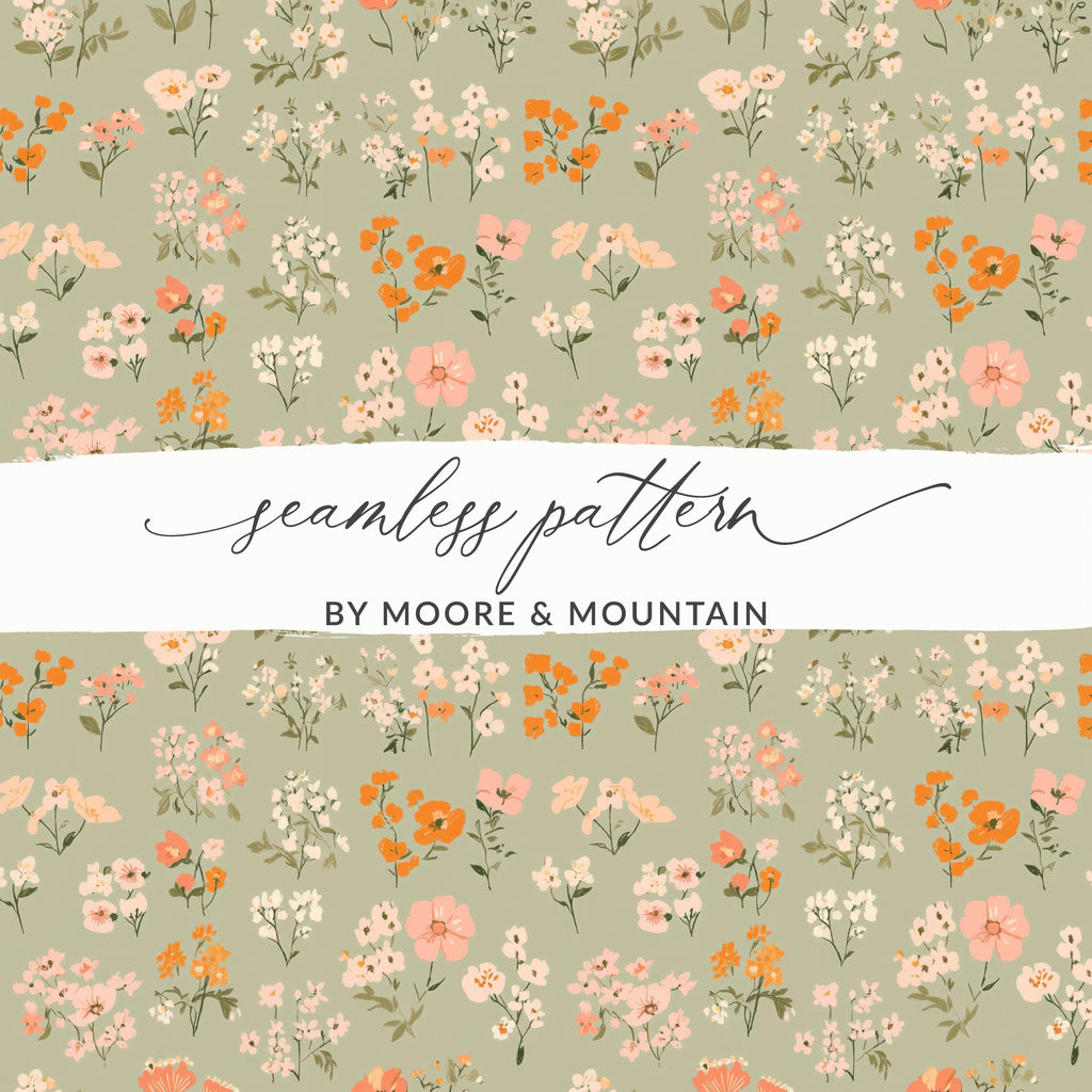 Sage Green Seamless Boho Spring Flower Sprigs Vintage Pattern Digital - Moore and Mountain