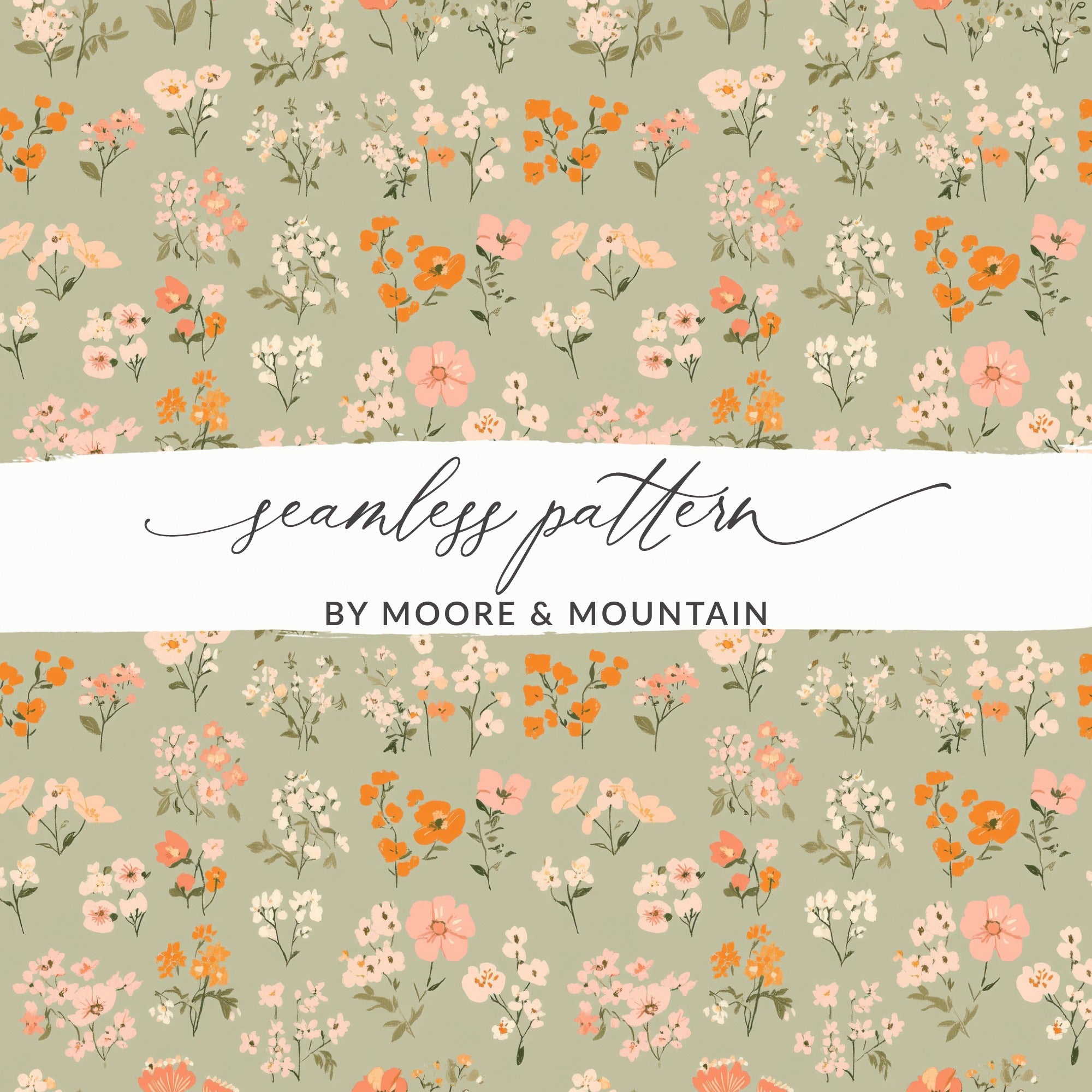 Sage Green Seamless Boho Spring Flower Sprigs Vintage Pattern Digital - Moore and Mountain