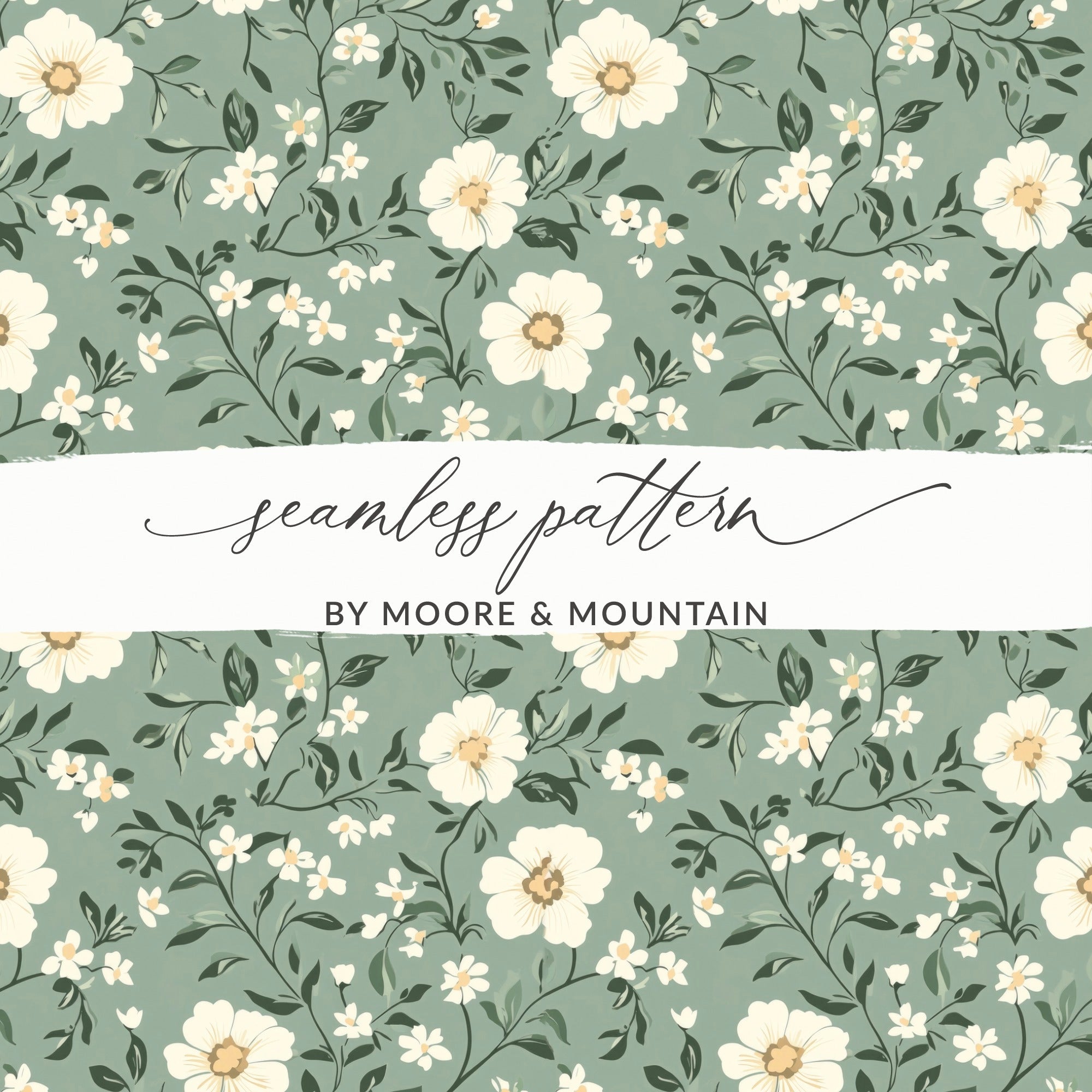 Sage Green Seamless Floral Design with Green Backdrop Digital - Moore and Mountain