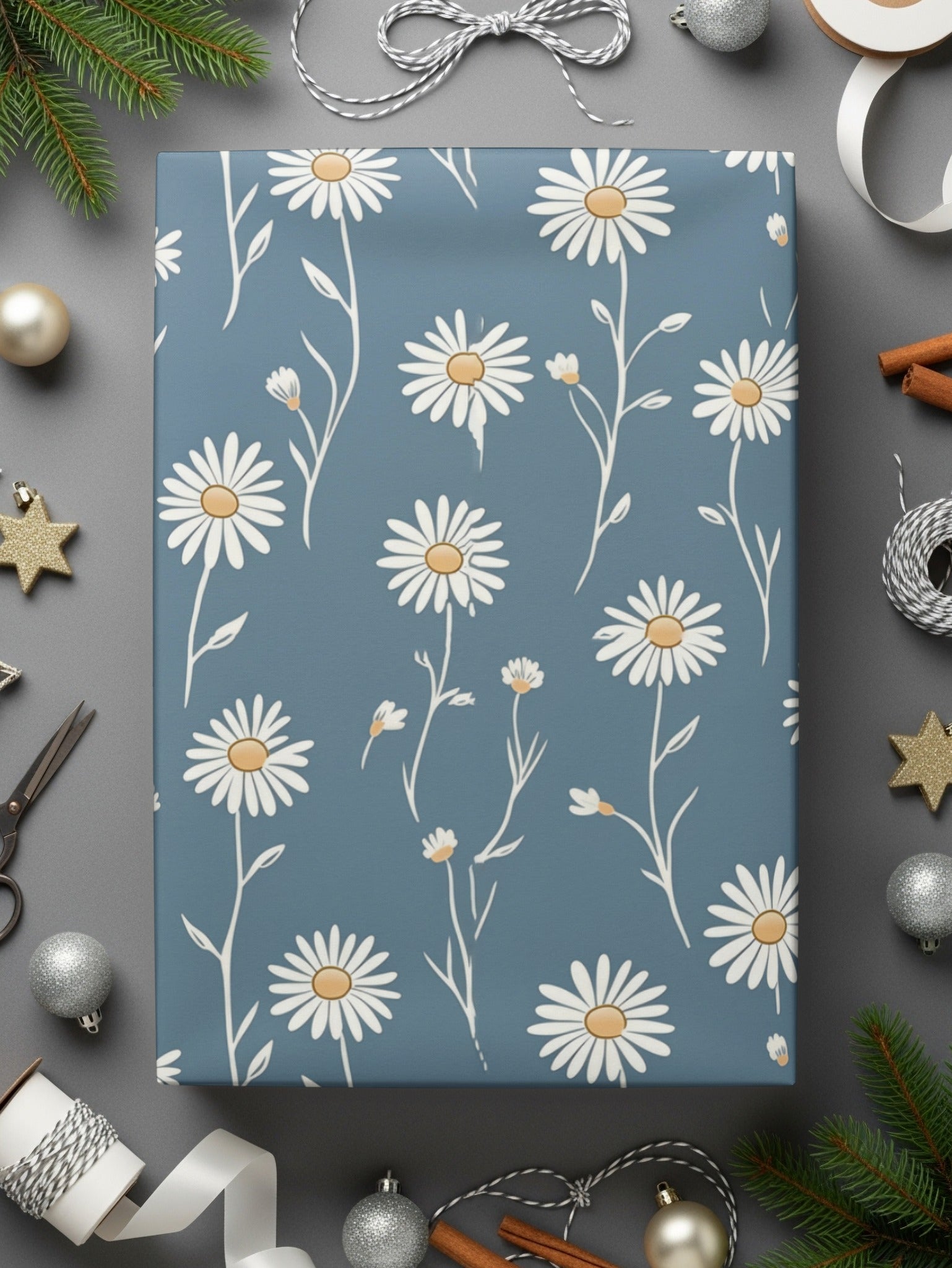 Blue Wrapping Paper with White Daisy Flower Pattern
