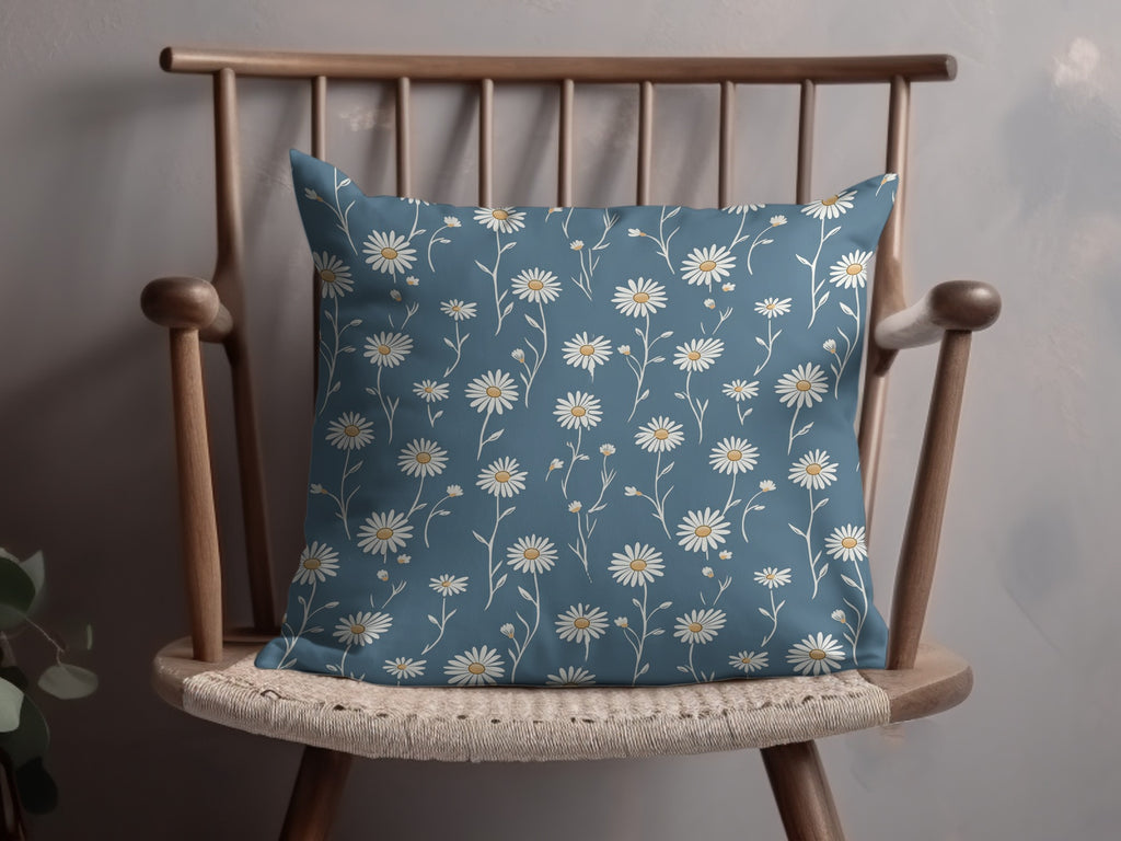 Blue Floral Print Cushion Cover with Daisy Pattern