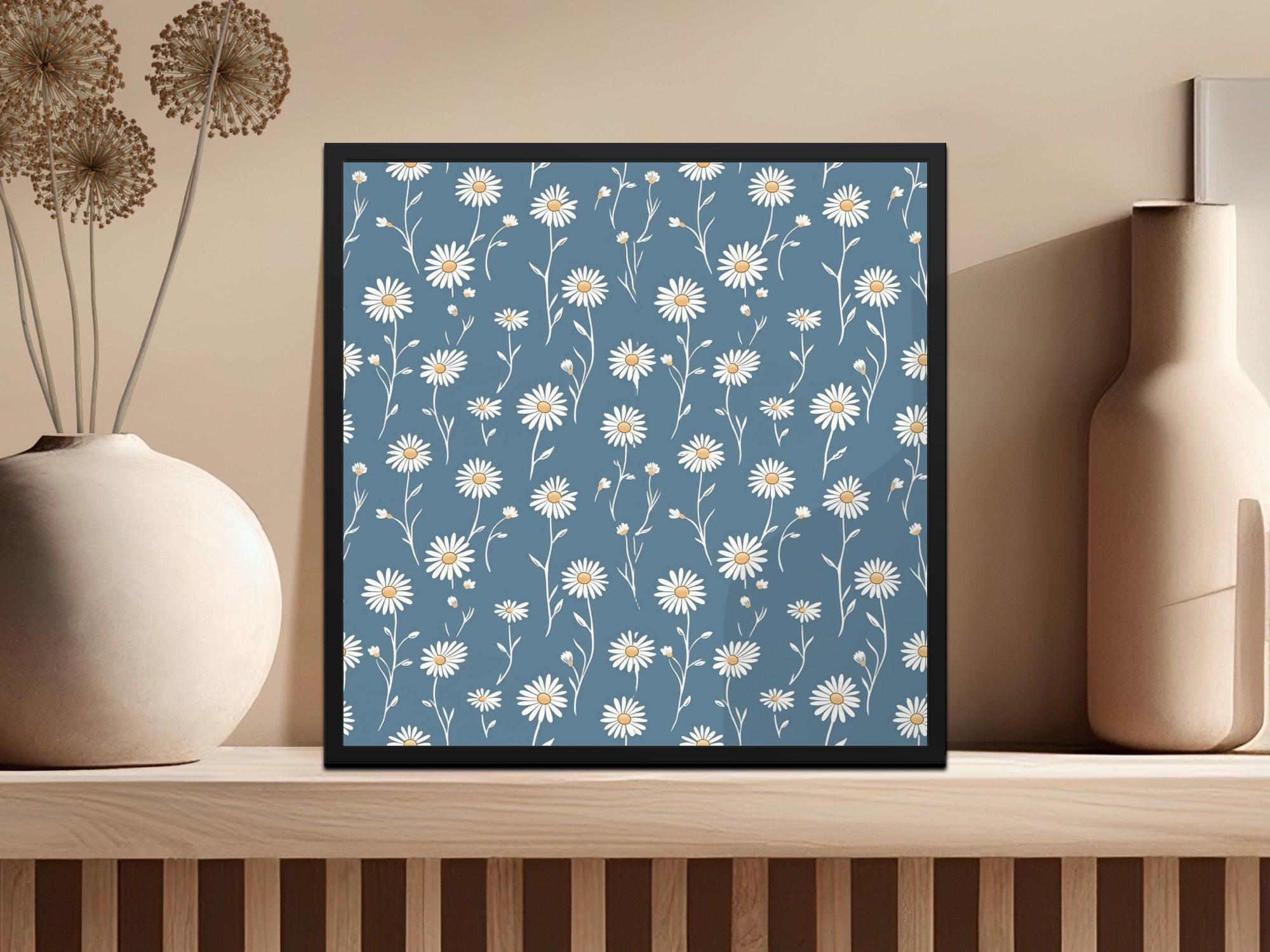 Blue Daisy Field Patterned Wall Art Print Decor