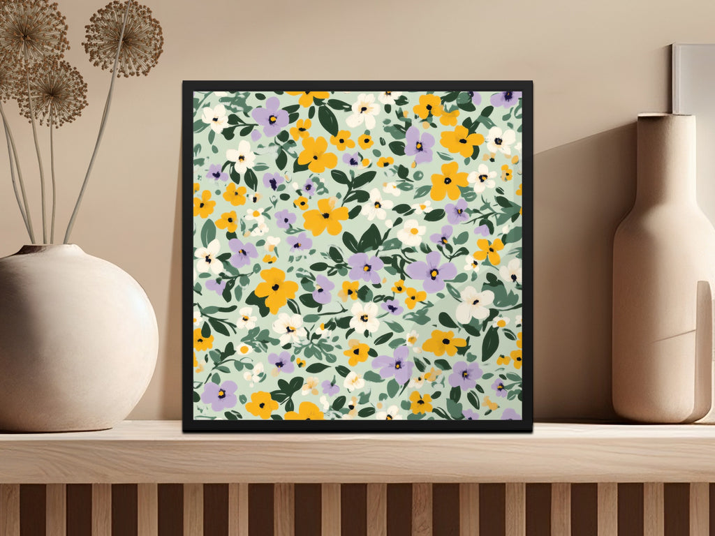 Vibrant Floral Artwork with Yellow and Purple Flowers Print